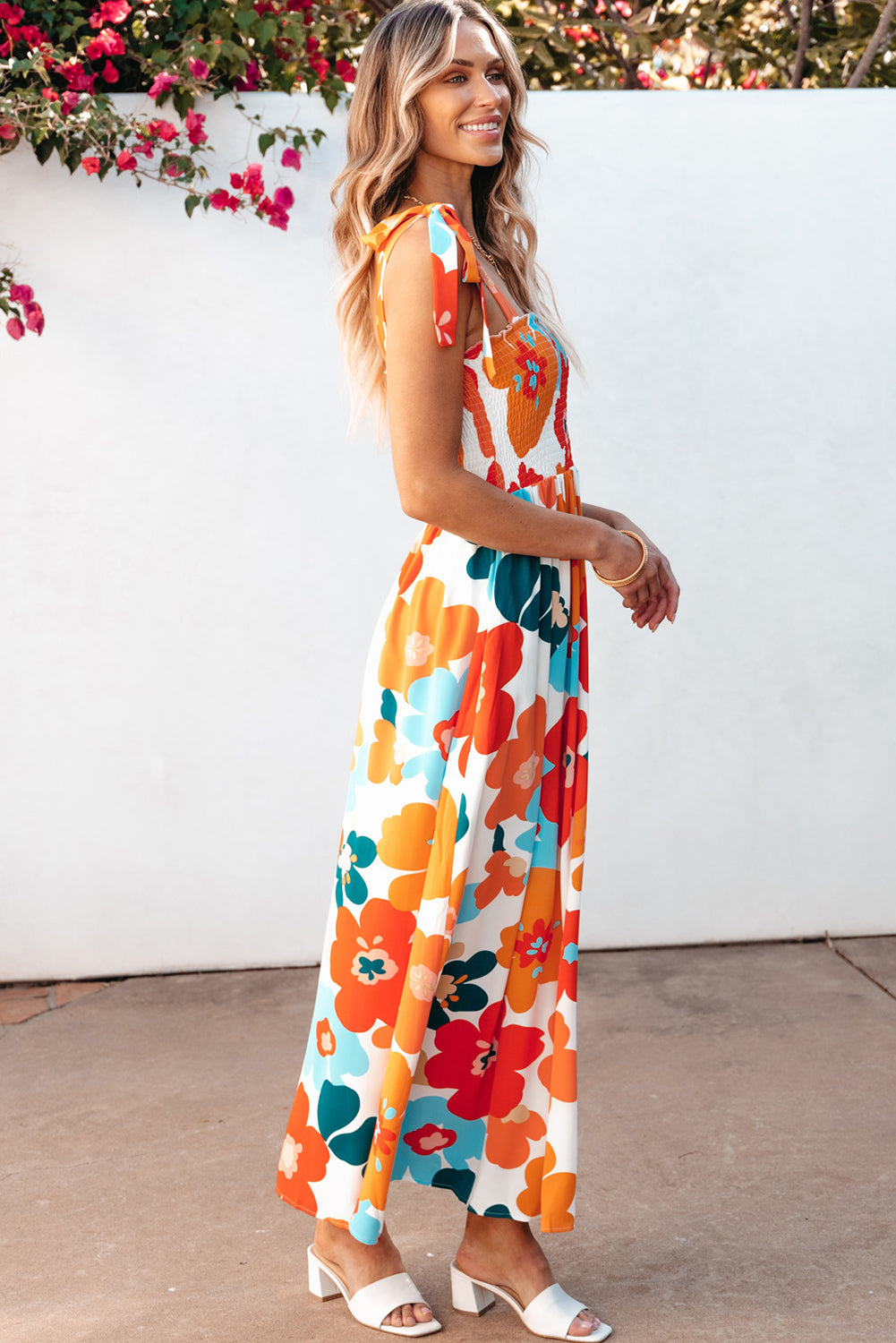 Orange Floral Self Tied Straps Smocked Bust Maxi Dress-Dresses/Floral Dresses-[Adult]-[Female]-2022 Online Blue Zone Planet