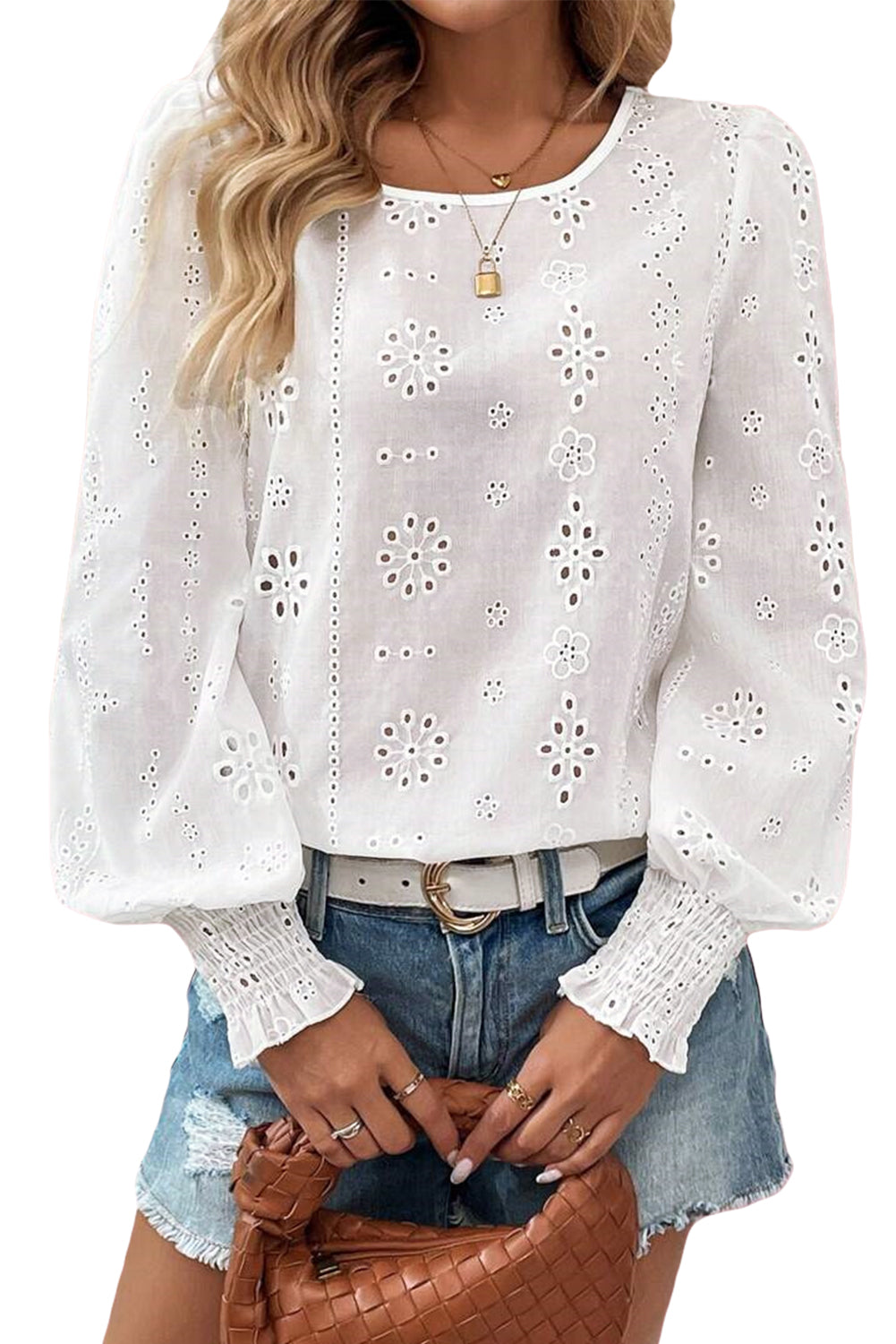 White Eyelet Embroidered Smocked Cuff Sheer Blouse-Tops/Blouses & Shirts-[Adult]-[Female]-2022 Online Blue Zone Planet