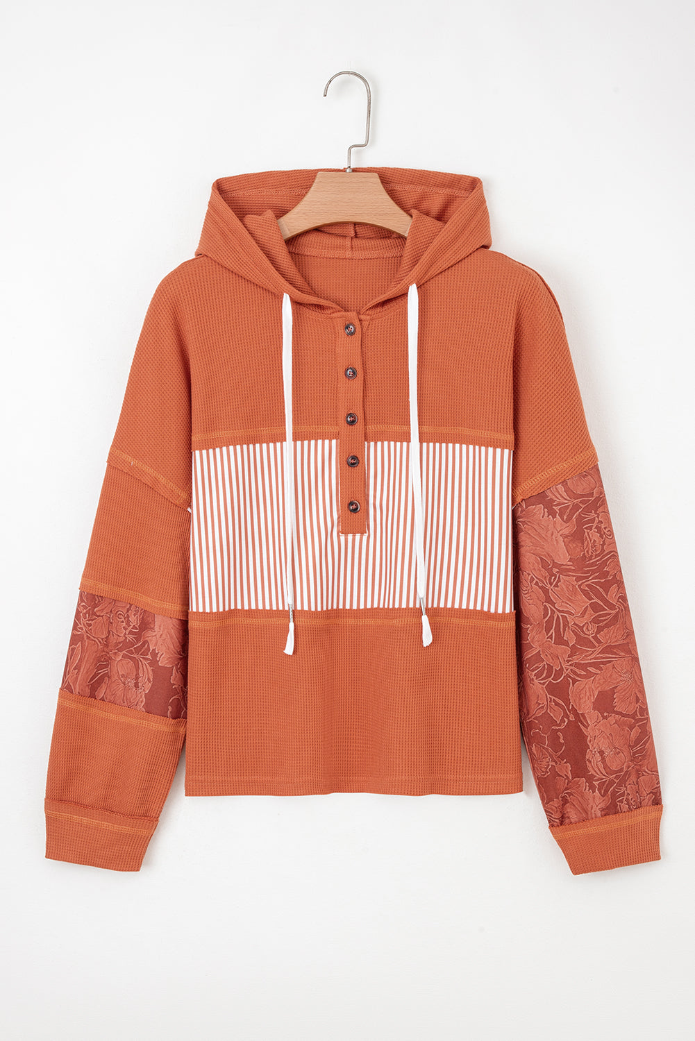 Cinnamon Waffle Printed Patchwork Drawstring Hooded Long Sleeve Top-Tops / Dresses-[Adult]-[Female]-2022 Online Blue Zone Planet