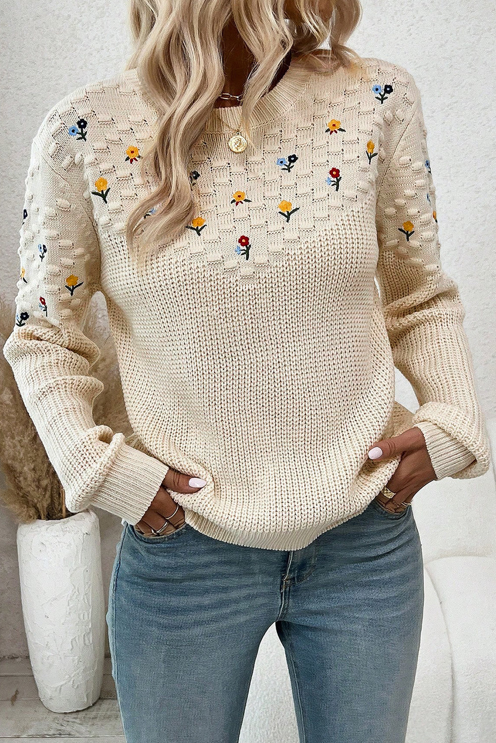 Jet Stream Mixed Texture Knit Flower Embroidered Detail Casual Sweater-TOPS / DRESSES-[Adult]-[Female]-2022 Online Blue Zone Planet