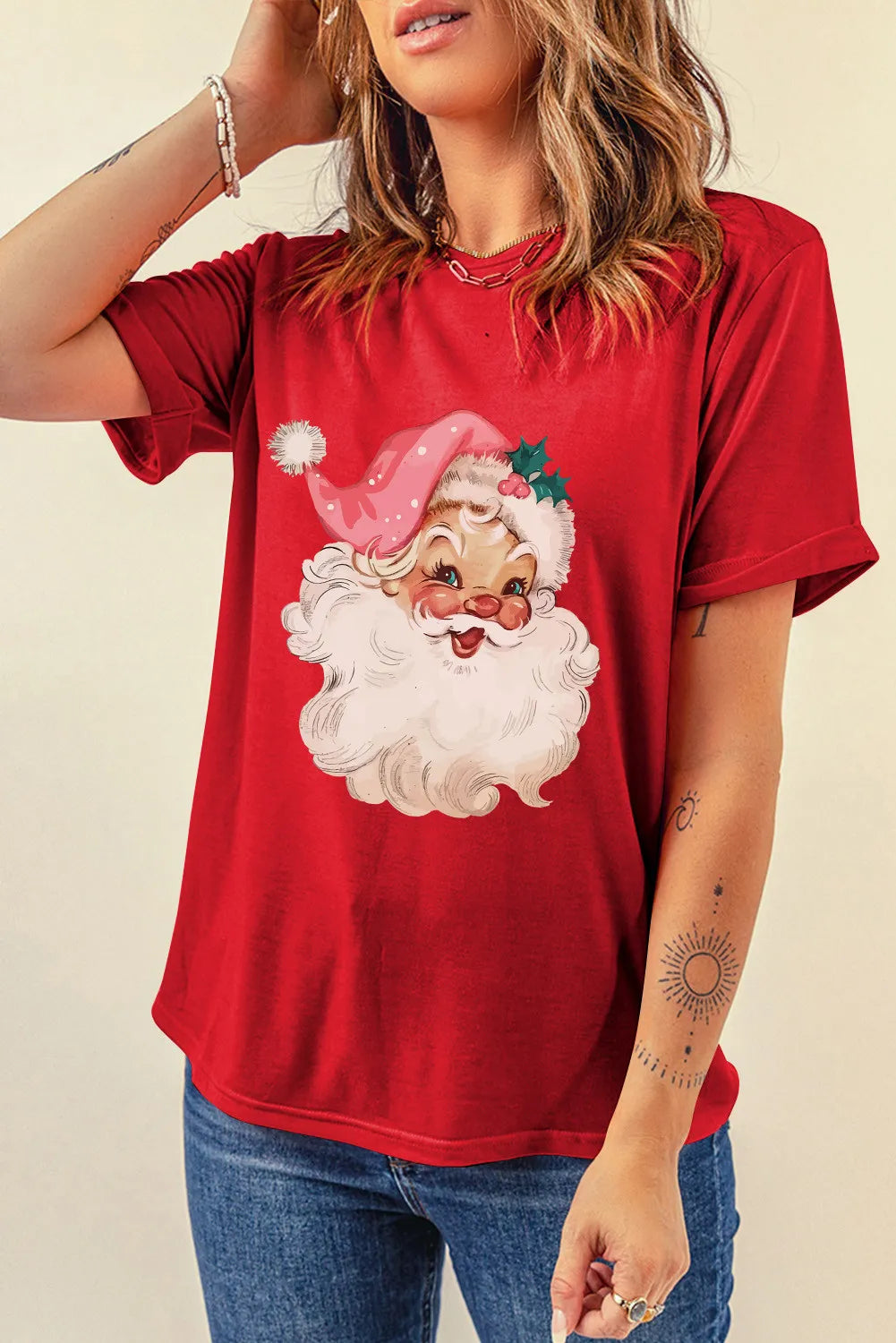 Santa Round Neck Short Sleeve T-Shirt-TOPS / DRESSES-[Adult]-[Female]-2022 Online Blue Zone Planet