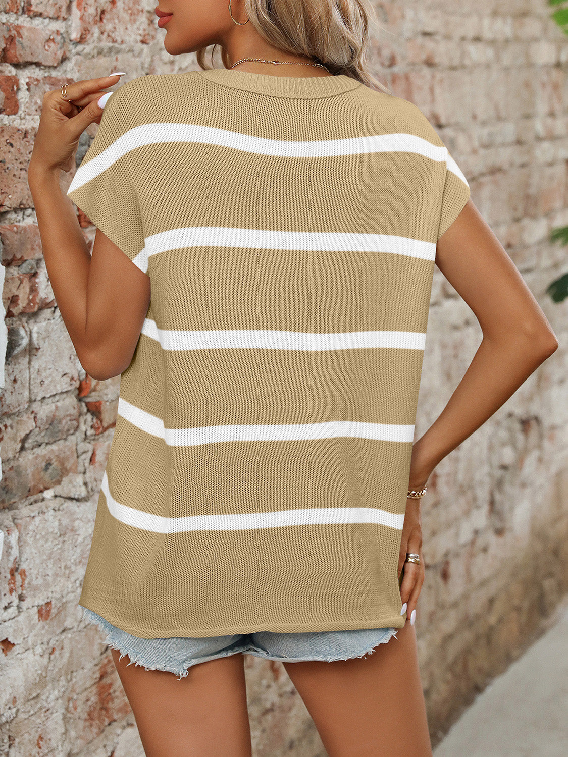 Blue Zone Planet | Mandy Striped Round Neck Short Sleeve Knit Top-TOPS / DRESSES-[Adult]-[Female]-2022 Online Blue Zone Planet