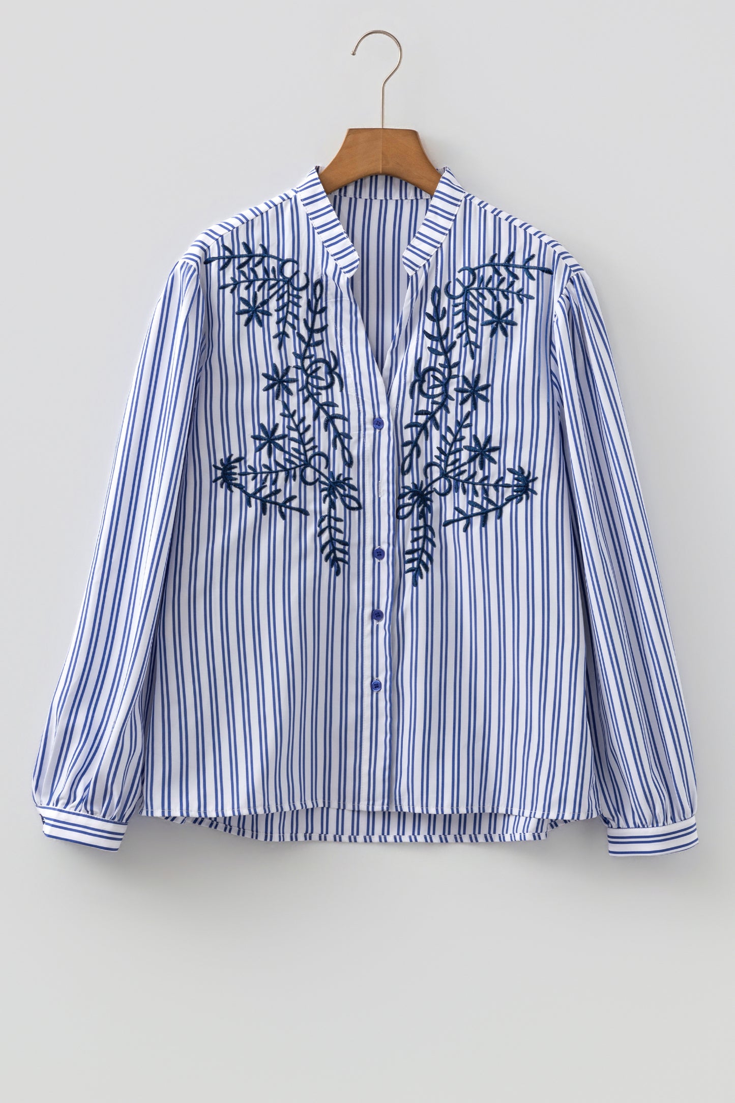 Blue Stripe Embroidered Detail Button Front Long Sleeve Shirt-Tops/Blouses & Shirts-[Adult]-[Female]-2022 Online Blue Zone Planet