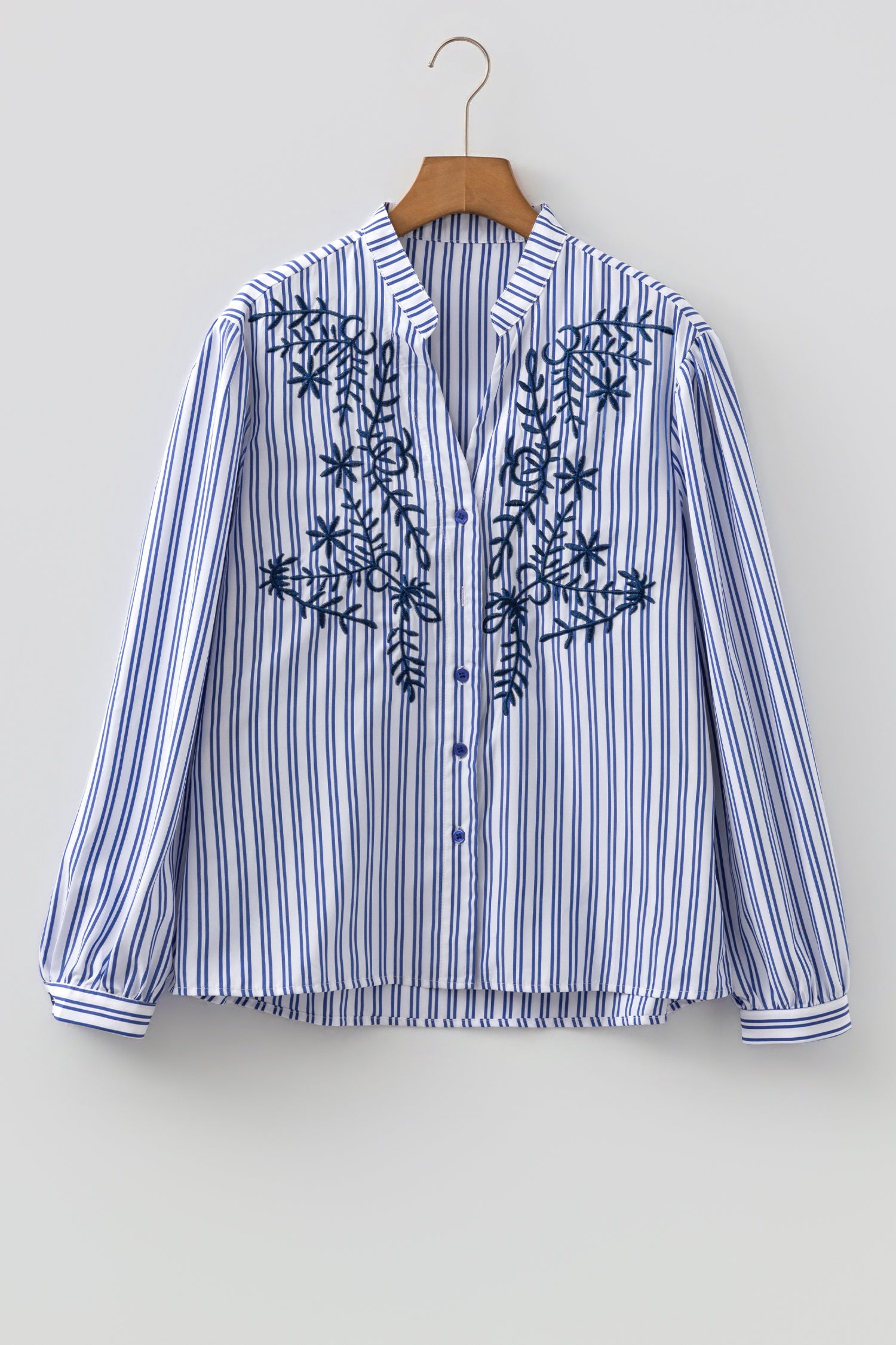 Blue Stripe Embroidered Detail Button Front Long Sleeve Shirt-Tops/Blouses & Shirts-[Adult]-[Female]-2022 Online Blue Zone Planet
