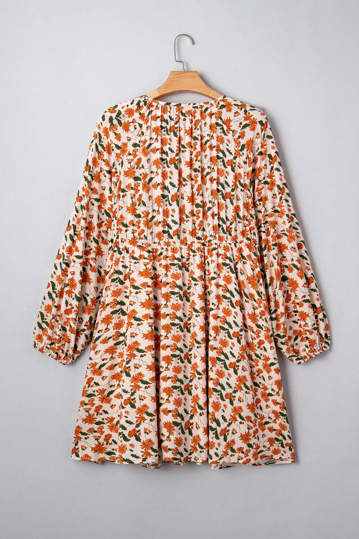 Beige Plus Size Floral Print V Neck Long Sleeve Babydoll Short Dress-TOPS / DRESSES-[Adult]-[Female]-2022 Online Blue Zone Planet