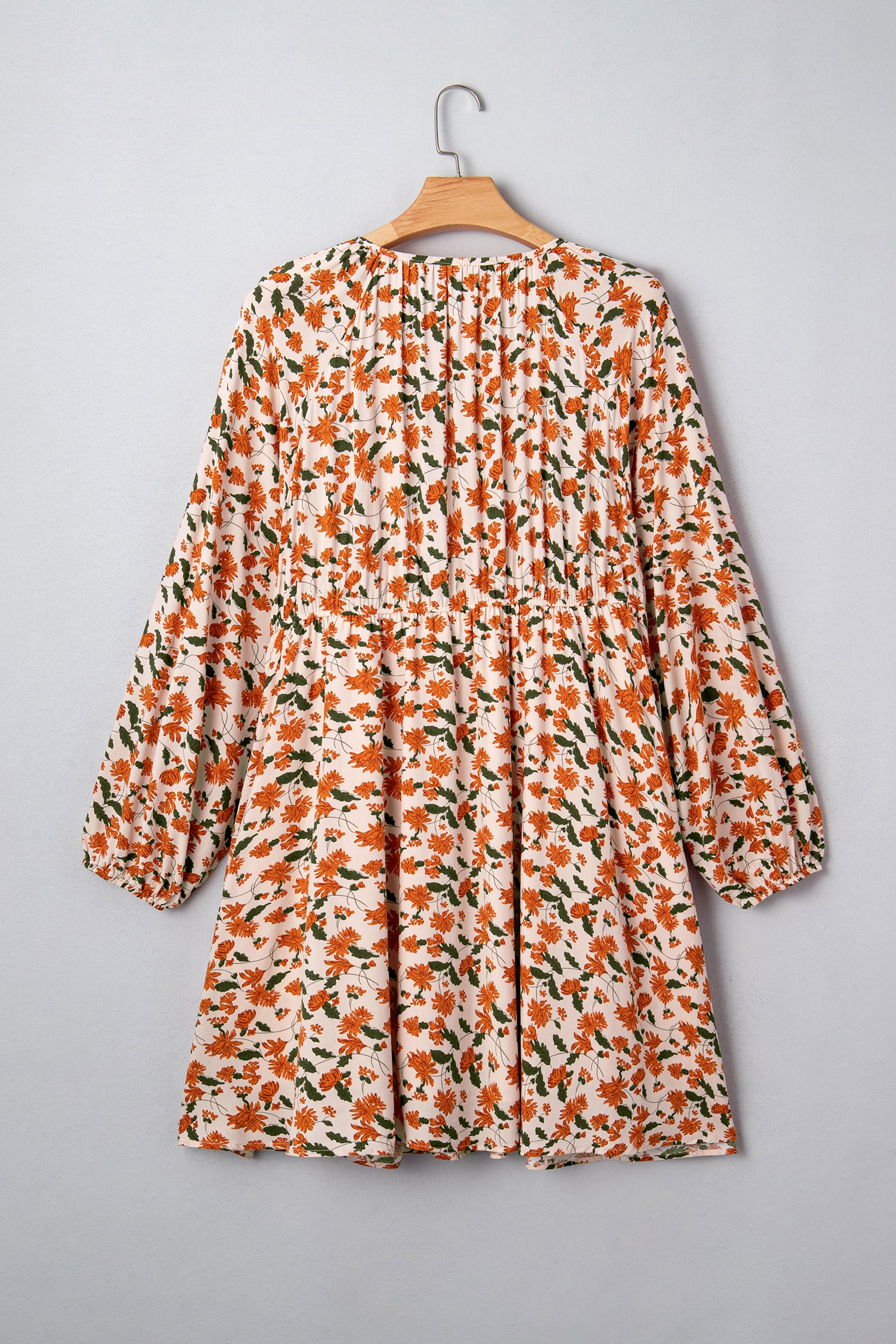 Beige Plus Size Floral Print V Neck Long Sleeve Babydoll Short Dress-TOPS / DRESSES-[Adult]-[Female]-2022 Online Blue Zone Planet