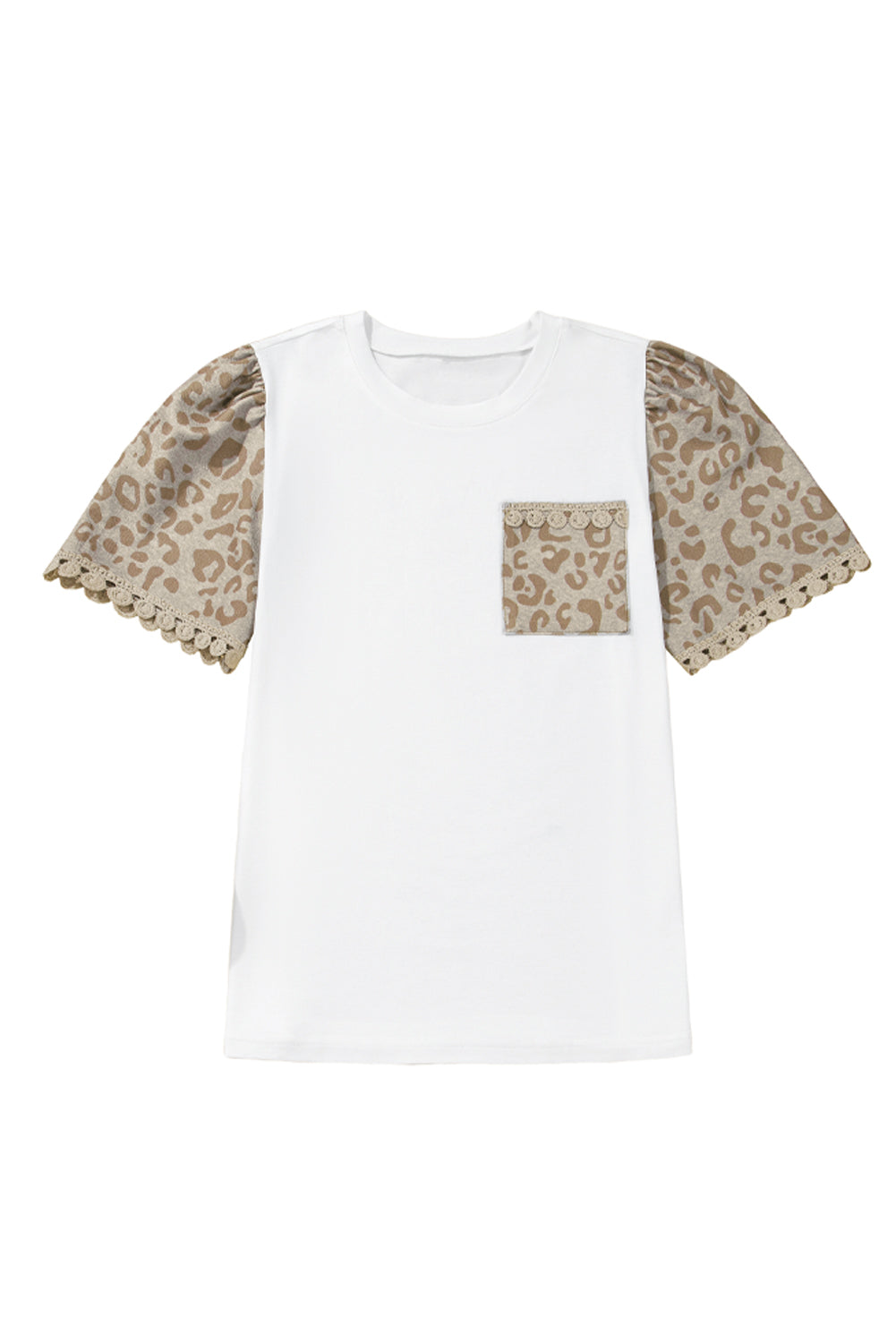 White Leopard Patchwork Crochet Lace Trim Puff Sleeve T Shirt-Tops/Tops & Tees-[Adult]-[Female]-2022 Online Blue Zone Planet