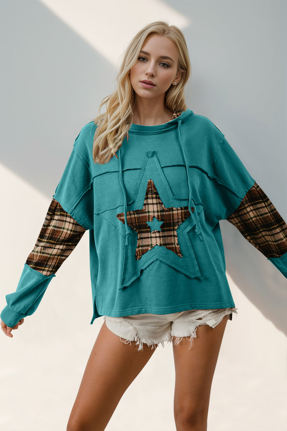 Double Take Drawstring Plaid Star Patch Long Sleeve Hoodie-TOPS / DRESSES-[Adult]-[Female]-Teal-S-2022 Online Blue Zone Planet