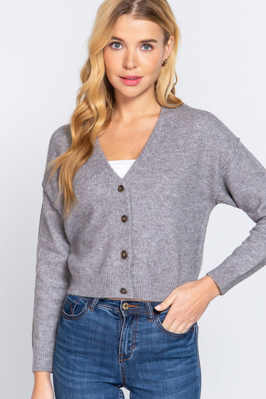 ACTIVE BASIC V-Neck Button Up Long Sleeve Knit Cardigan-TOPS / DRESSES-[Adult]-[Female]-Grey-S-2022 Online Blue Zone Planet