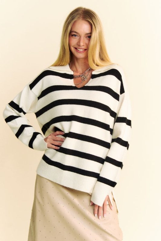 Davi & Dani High-Low Side Slit Striped Johnny Collar Sweater-TOPS / DRESSES-[Adult]-[Female]-White-S-2022 Online Blue Zone Planet