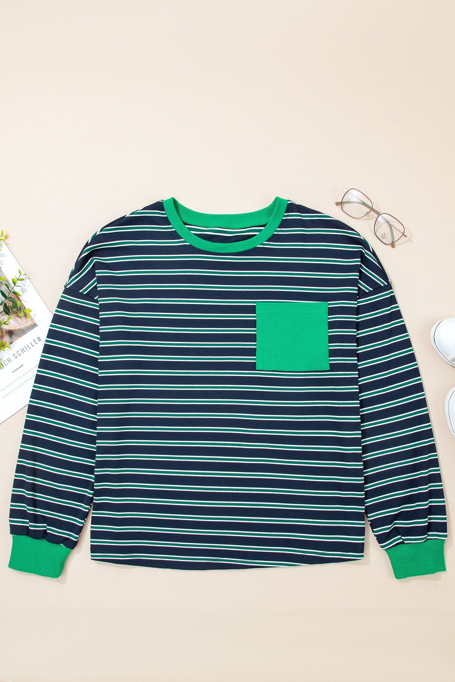 Green Stripe Ribbed Color Block Patchwork Crew Neck Patch Pocket Long Sleeve Top-Tops/Long Sleeve Tops-[Adult]-[Female]-2022 Online Blue Zone Planet