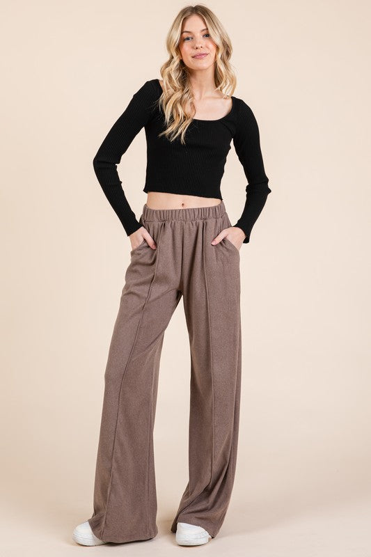 Blue Zone Planet | BOMBOM Elastic Waist Wide Leg Pants with Pockets-BOTTOMS SIZES SMALL MEDIUM LARGE-[Adult]-[Female]-2022 Online Blue Zone Planet