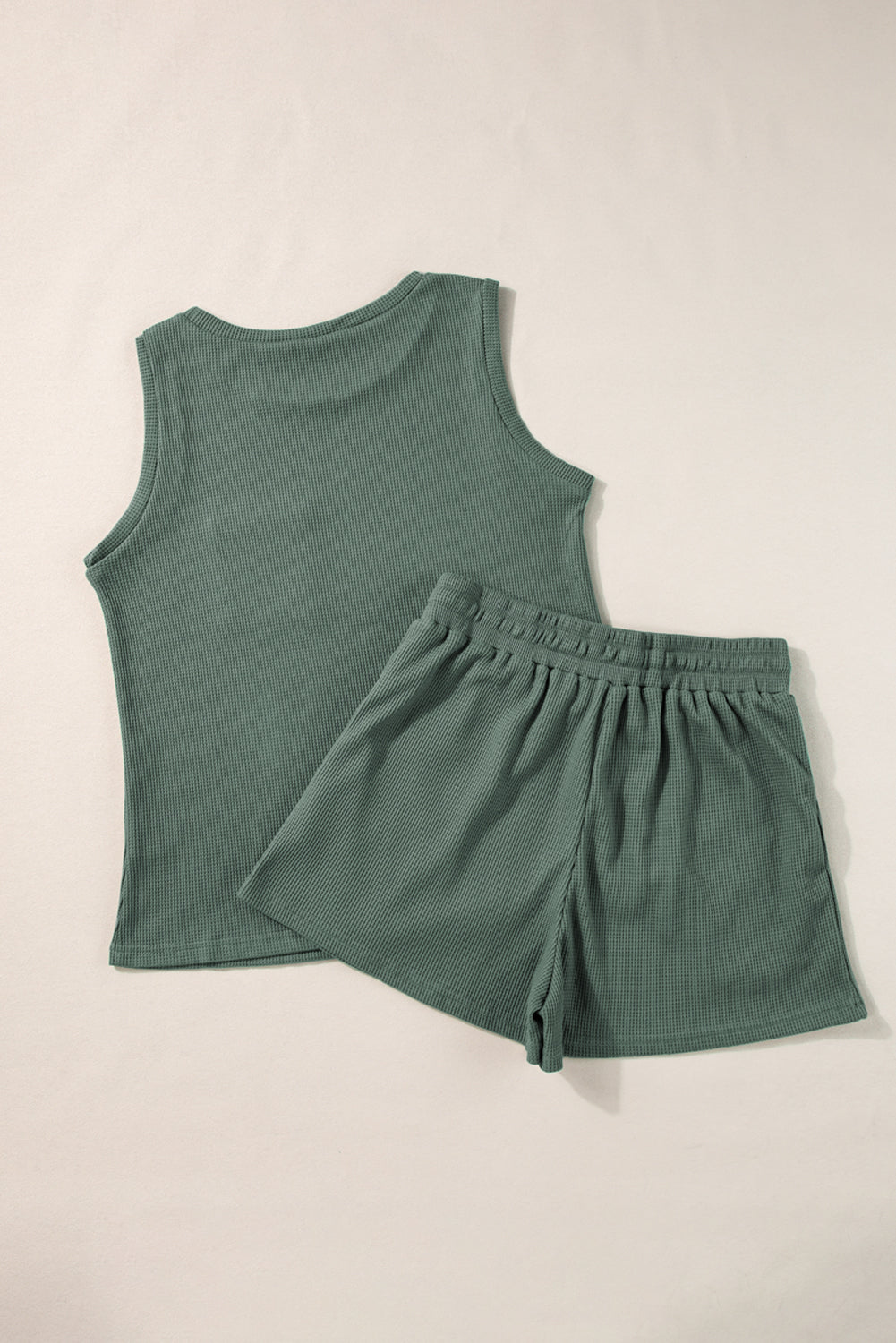 Mist Green Waffle Knit Patched Pocket Tank and Drawstring Shorts Set-Two Piece Sets/Short Sets-[Adult]-[Female]-2022 Online Blue Zone Planet