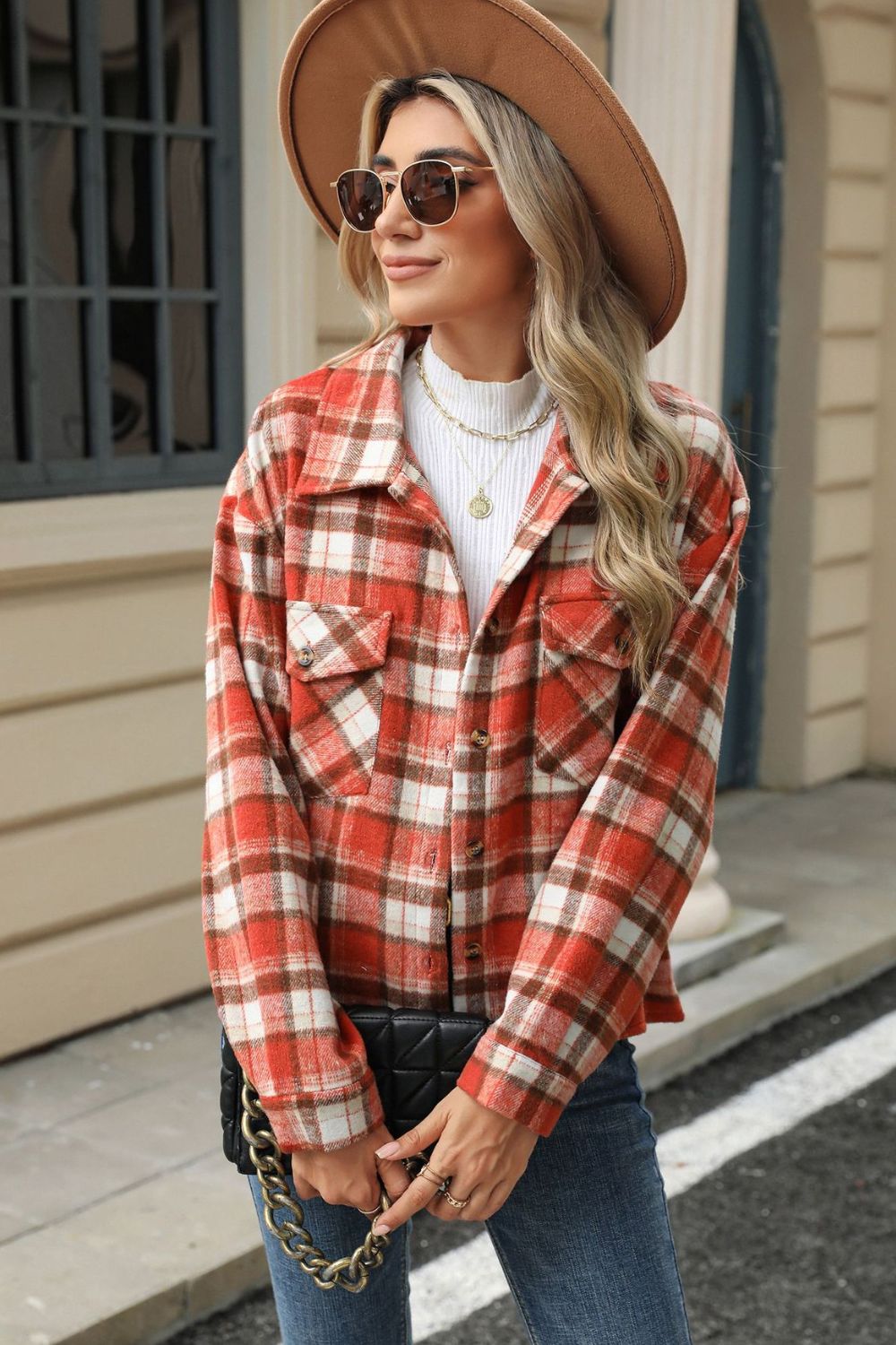 Pocketed Plaid Collared Neck Dropped Shoulder Jacket-TOPS / DRESSES-[Adult]-[Female]-2022 Online Blue Zone Planet