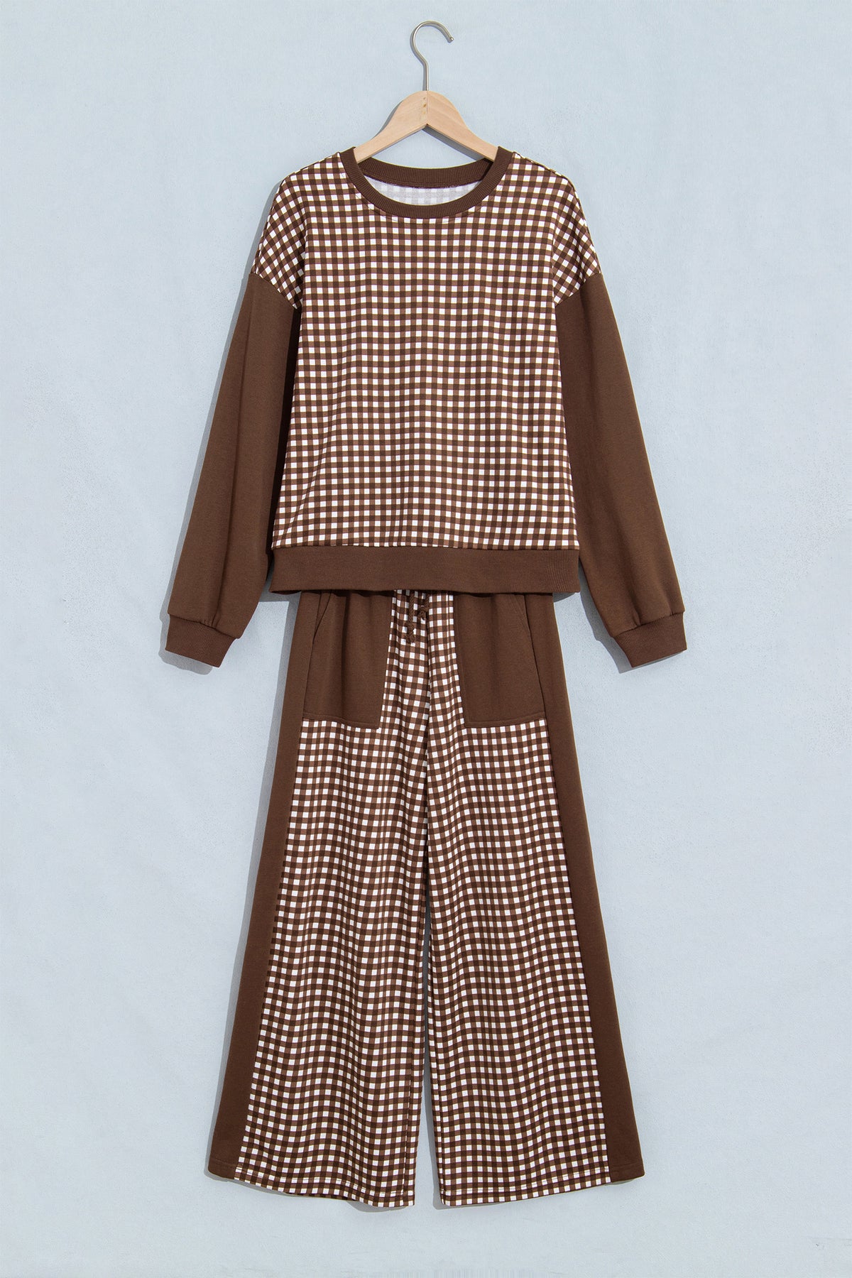 Khaki Color Block Plaid Patchwork Long Sleeve Pullover Wide Leg Pant Set-Two Piece Sets/Pant Sets-[Adult]-[Female]-2022 Online Blue Zone Planet