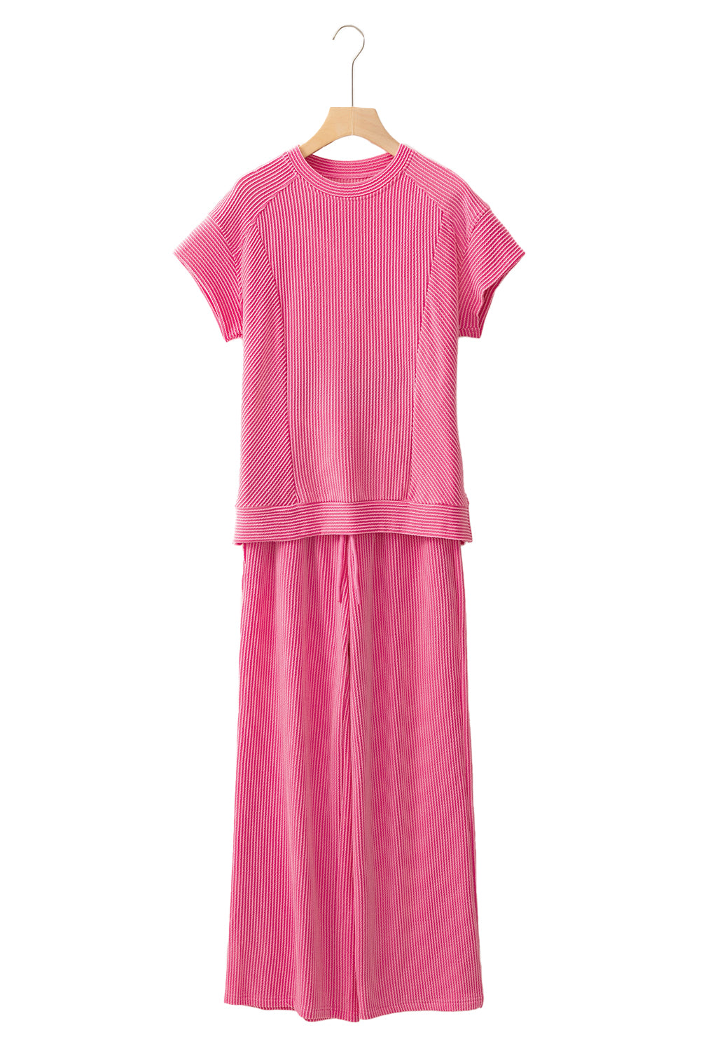 Wild Wind Solid Corded Short Sleeve T Shirt and Wide Leg Pants Set-Two Piece Pants Sets-[Adult]-[Female]-2022 Online Blue Zone Planet