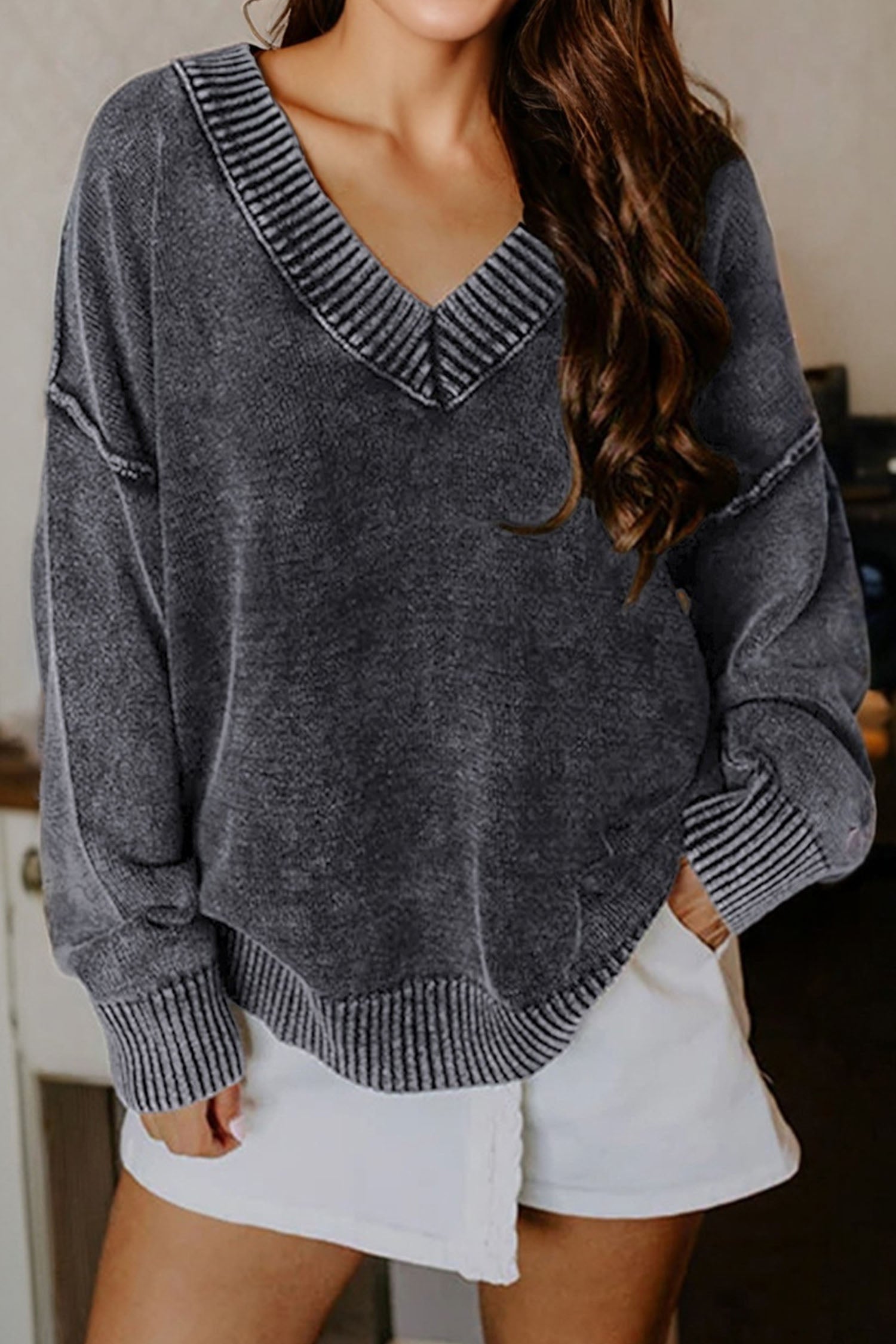 Black Mineral Wash V Neck Knit Exposed Seam Drop Shoulder Loose Sweater-TOPS / DRESSES-[Adult]-[Female]-2022 Online Blue Zone Planet