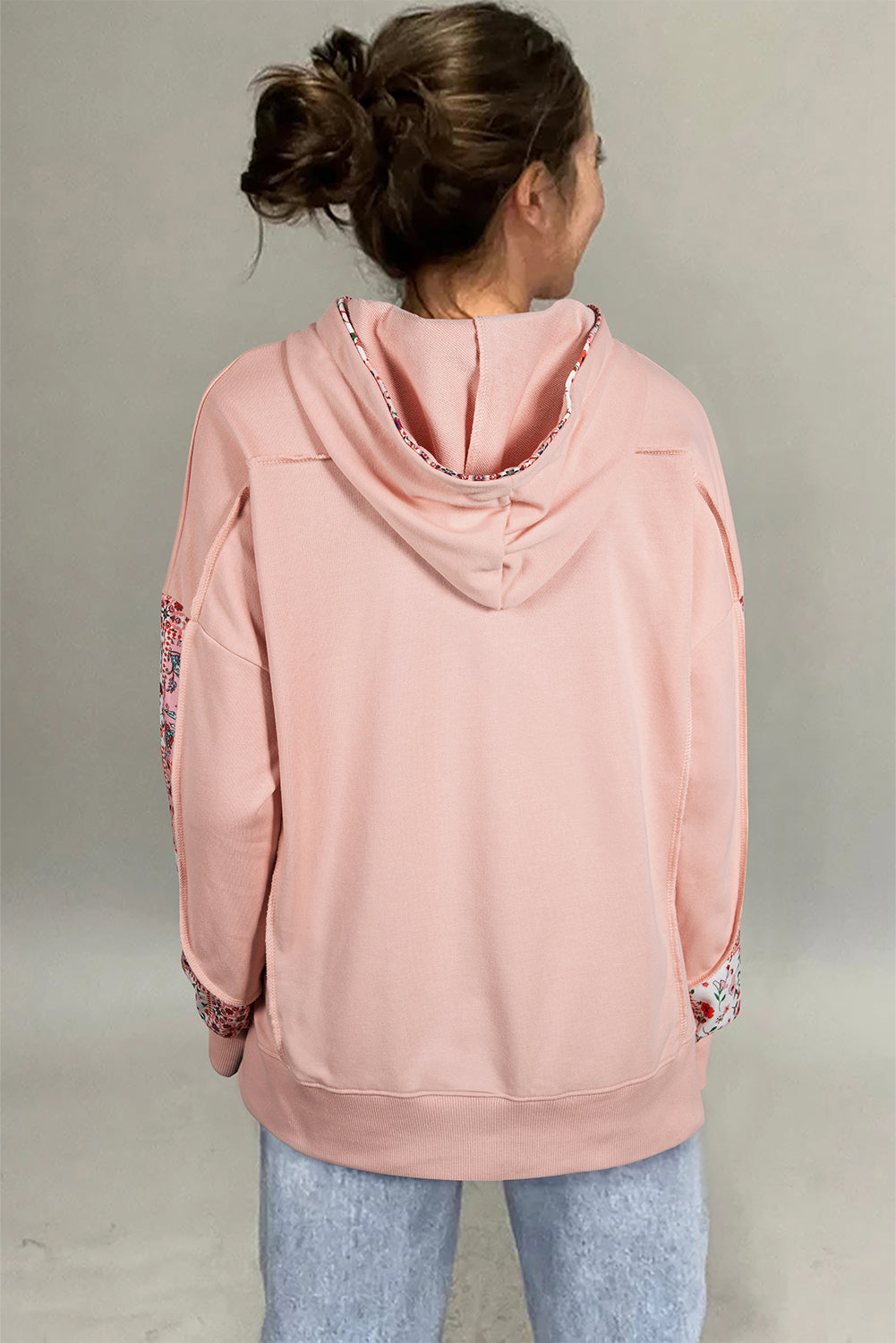 Delicacy Mix Floral Patchwork Side Slit Drawstring Hoodie-Tops/Sweatshirts & Hoodies-[Adult]-[Female]-2022 Online Blue Zone Planet