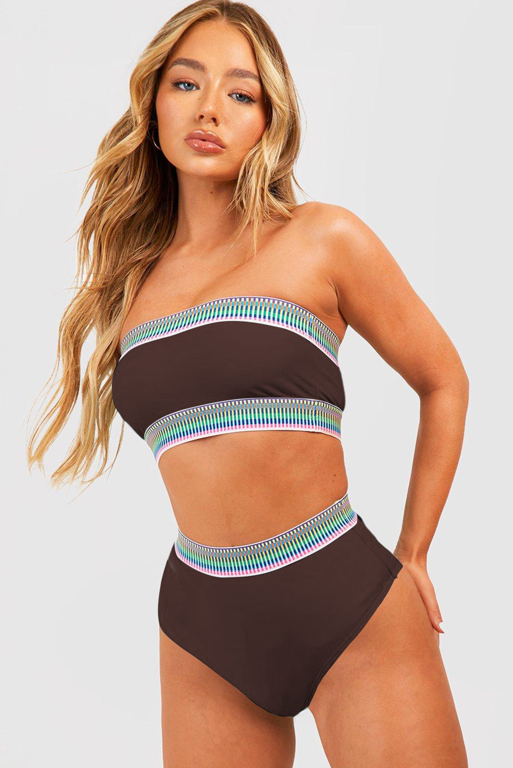Coffee Contrast Banding Tube Bikini High Waist 2pcs Swimsuit-Swimwear/High Waisted Swimsuit-[Adult]-[Female]-2022 Online Blue Zone Planet