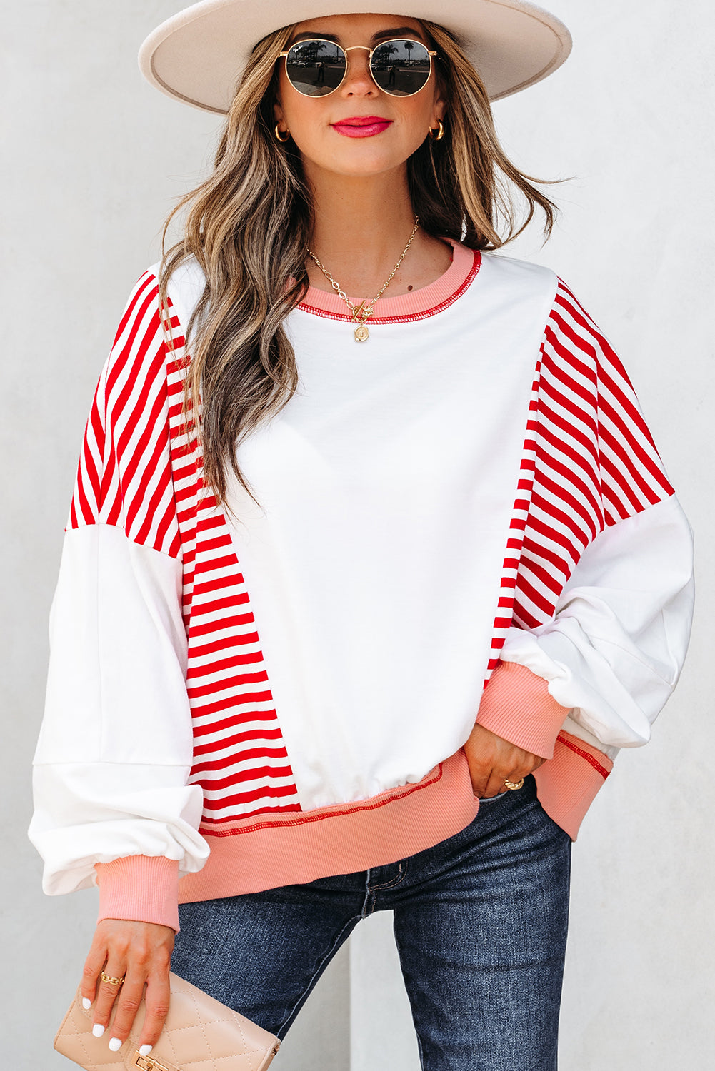 Red Stripe Colorblock Patchwork Contrast Stitching Oversize Sweatshirt-Tops/Sweatshirts & Hoodies-[Adult]-[Female]-2022 Online Blue Zone Planet