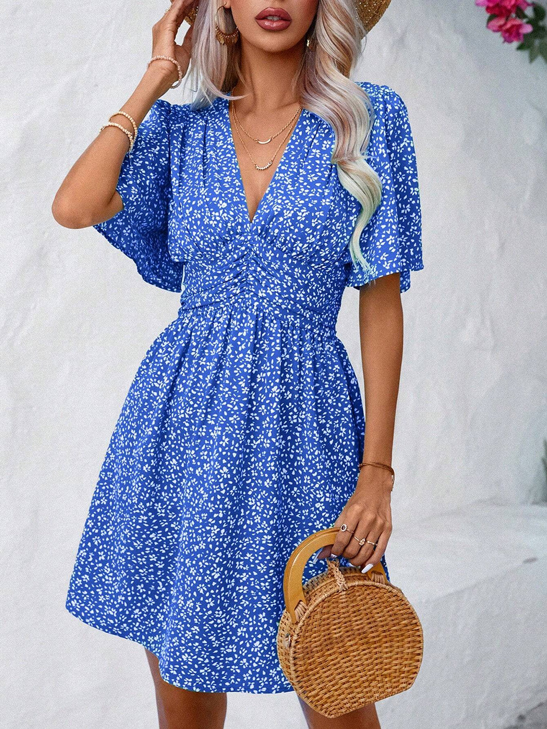 Blue Zone Planet | Printed V-Neck Half Sleeve Mini Dress-TOPS / DRESSES-[Adult]-[Female]-2022 Online Blue Zone Planet