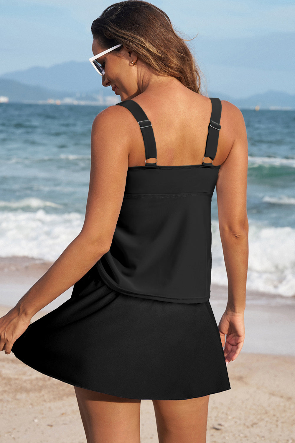 Black Scoop Neck Adjustable Tankini and Matching Skort Bathing Suit
