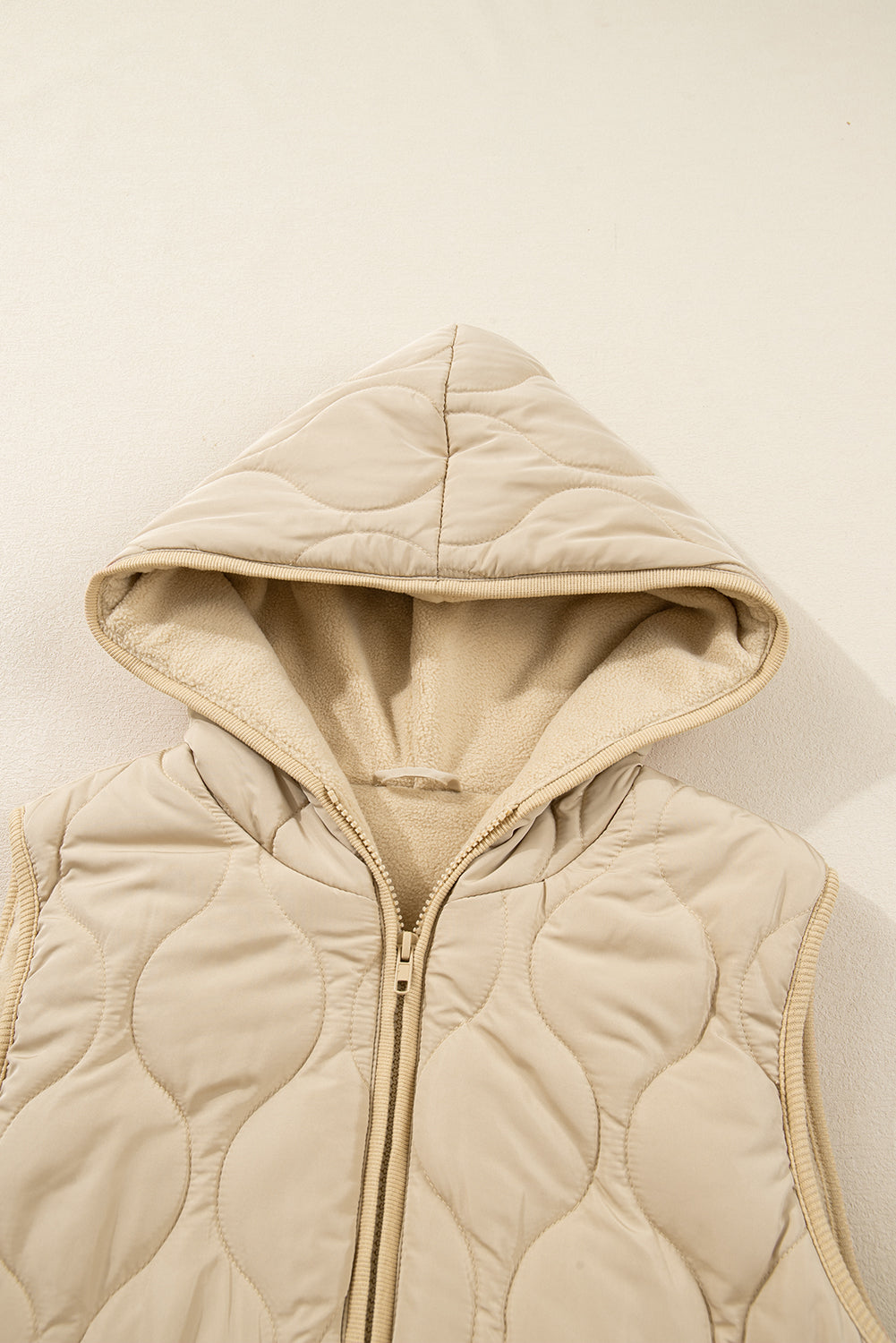 Pale Khaki Quilted Padded Casual Winter Jacket Vest with Fleece Lining-TOPS / DRESSES-[Adult]-[Female]-2022 Online Blue Zone Planet