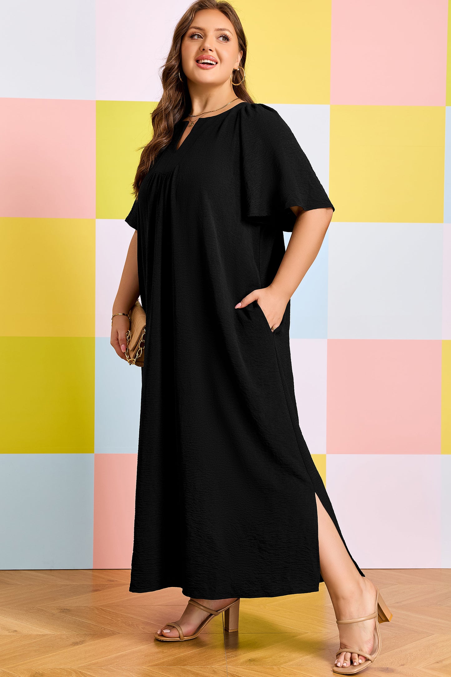 Black Plus Size Solid Color Notched Neck Short Sleeve Loose Dress-TOPS / DRESSES-[Adult]-[Female]-2022 Online Blue Zone Planet