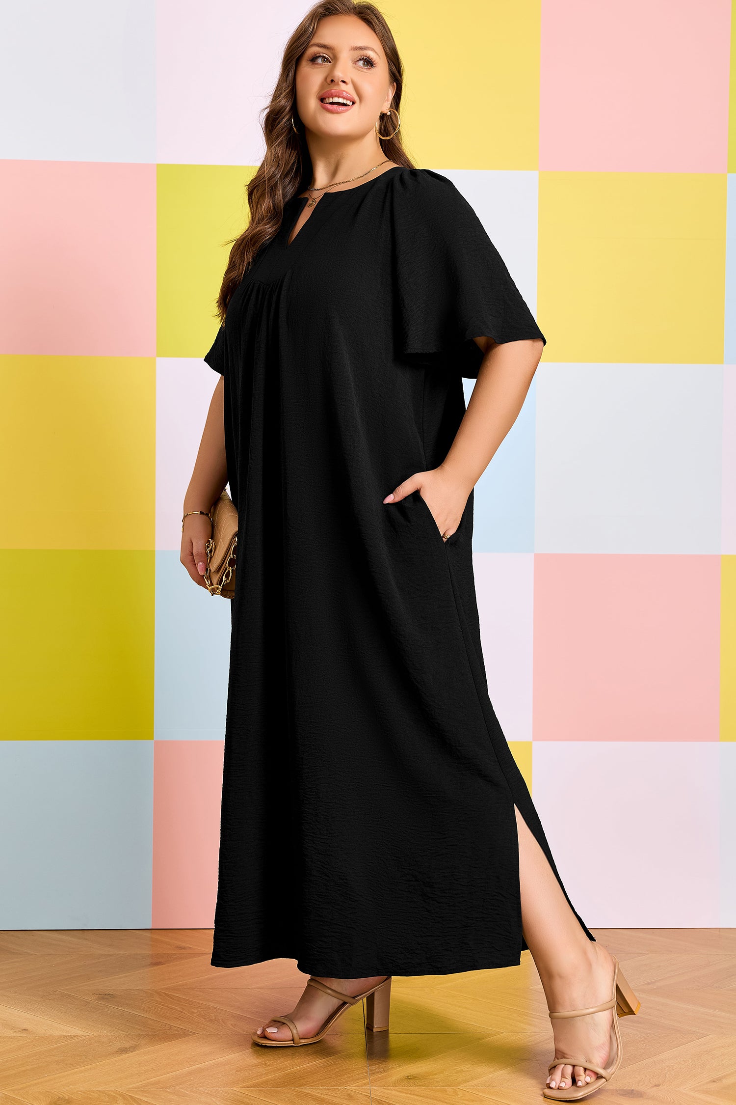 Black Plus Size Solid Color Notched Neck Short Sleeve Loose Dress-TOPS / DRESSES-[Adult]-[Female]-2022 Online Blue Zone Planet