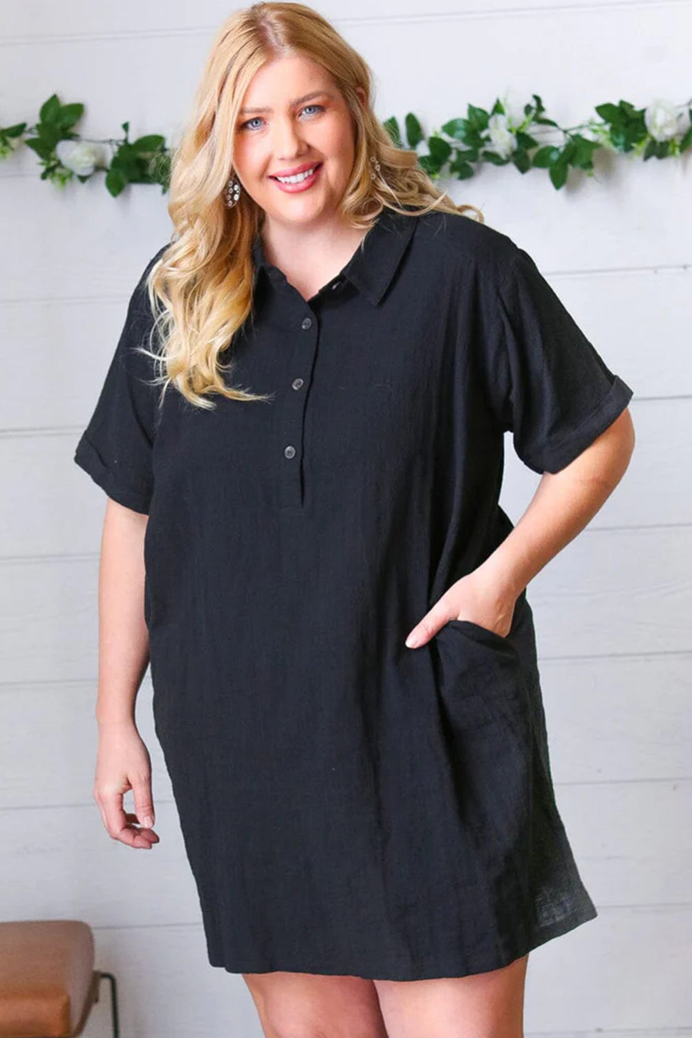 Black Plus Size Shirt Collar Buttoned Short Sleeve Shift Dress-TOPS / DRESSES-[Adult]-[Female]-2022 Online Blue Zone Planet