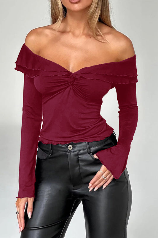 Blue Zone Planet | Burgundy Ruffle Off Shoulder Plain Twist Front Blouse-Blouses-[Adult]-[Female]-Burgundy-S-2022 Online Blue Zone Planet