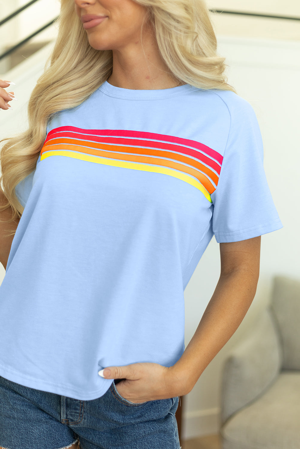 Beau Blue Striped Patch Front Casual Tee-Tops/Tops & Tees-[Adult]-[Female]-2022 Online Blue Zone Planet
