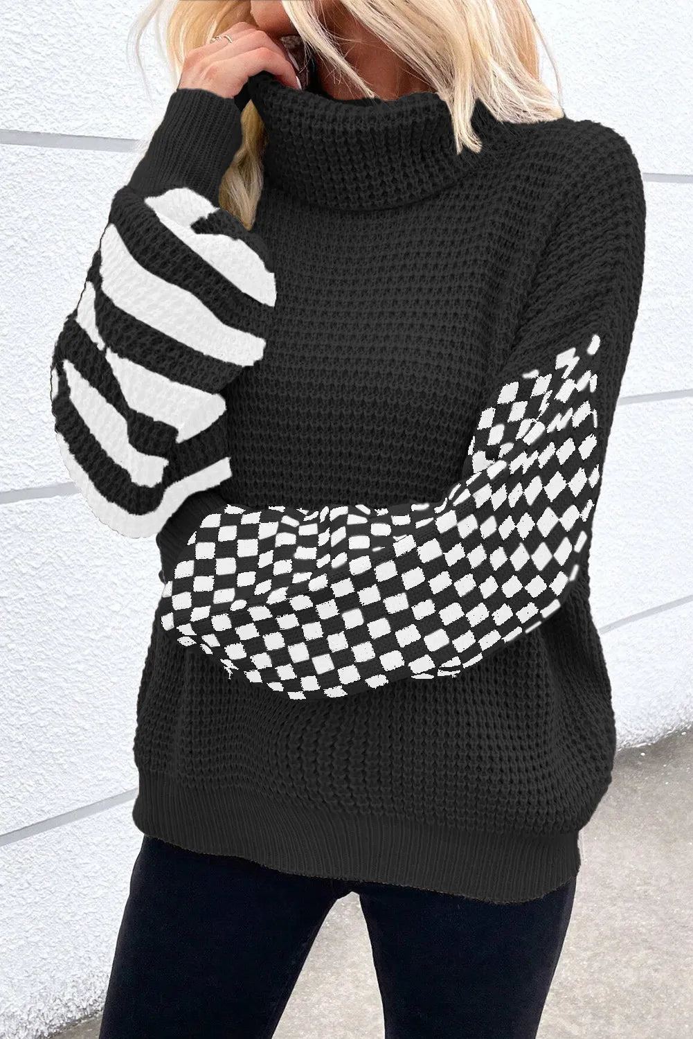 Checkered Striped Turtleneck Long Sleeve Sweater-TOPS / DRESSES-[Adult]-[Female]-2022 Online Blue Zone Planet