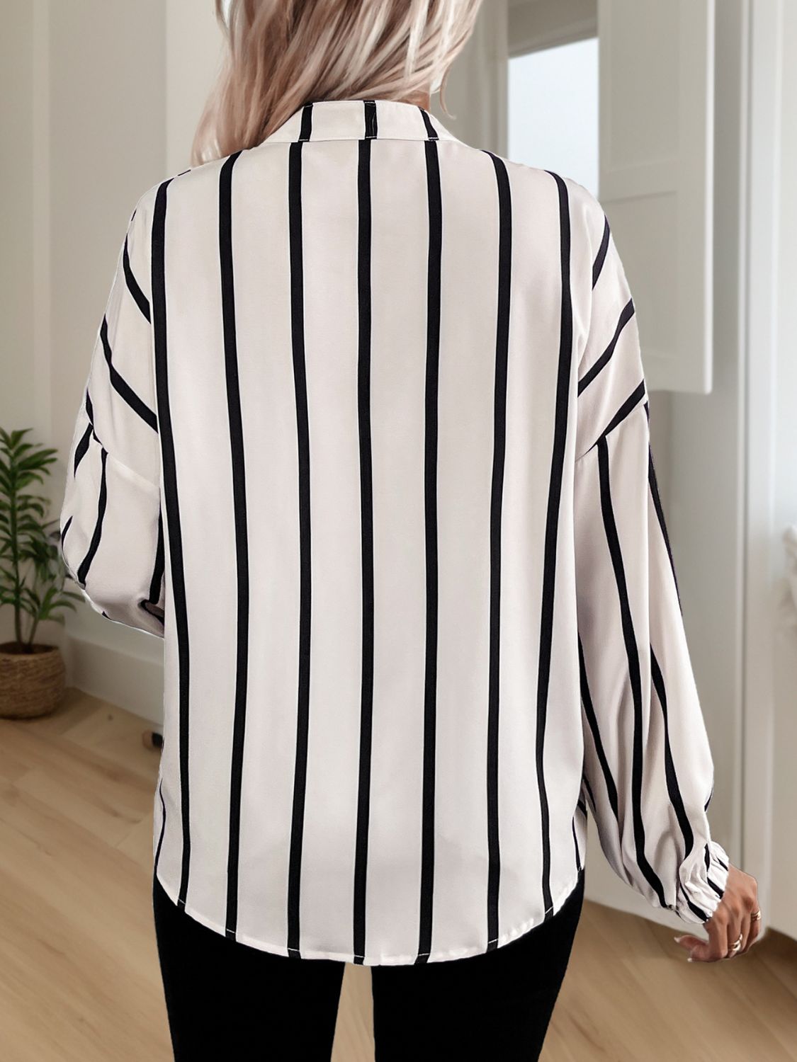 Blue Zone Planet | Perfee Striped Collared Neck Long Sleeve Shirt-TOPS / DRESSES-[Adult]-[Female]-2022 Online Blue Zone Planet