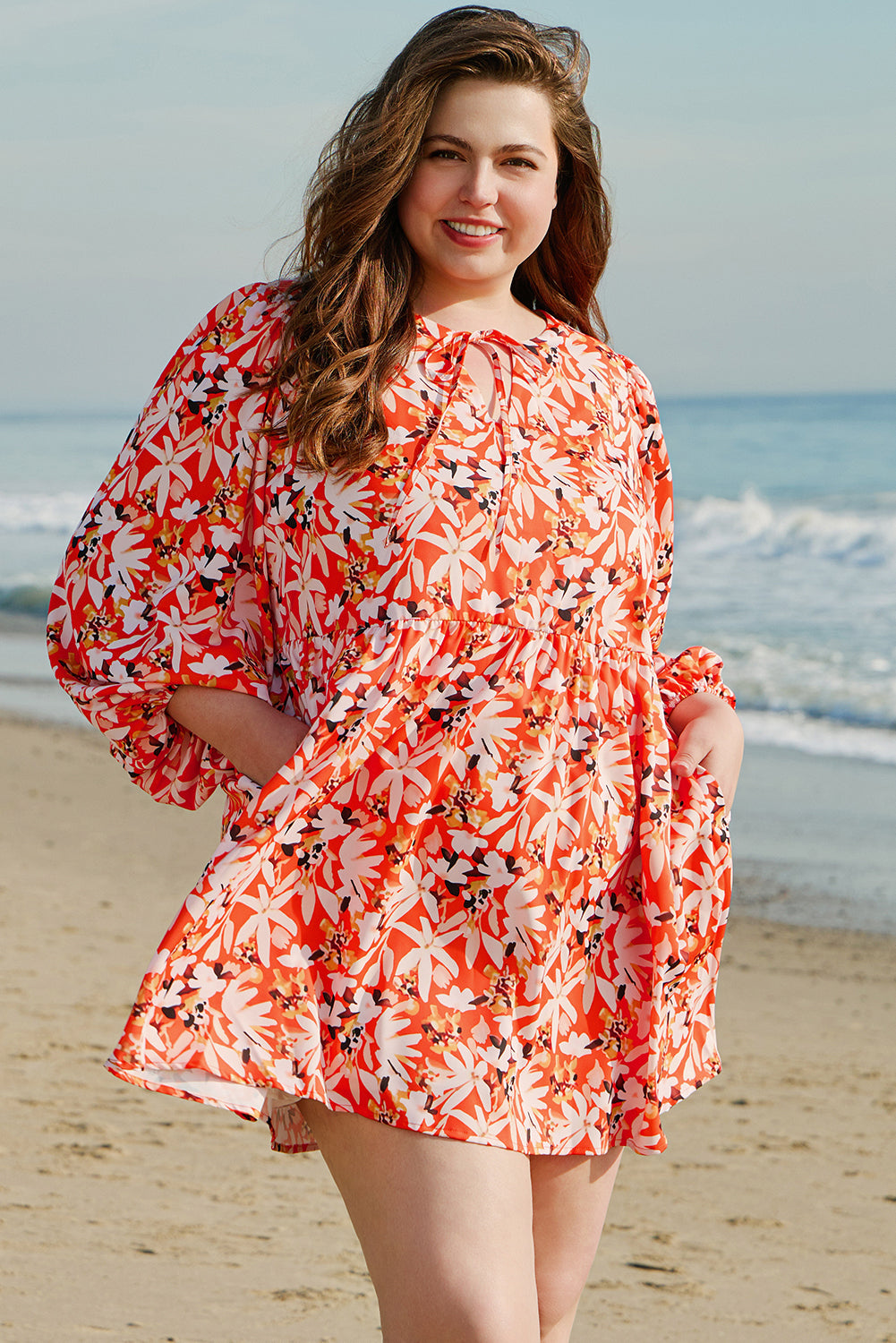 Blue Zone Planet | Orange Floral Print Split V Neck Bubble Sleeve Plus Size Midi Dress-TOPS / DRESSES-[Adult]-[Female]-2022 Online Blue Zone Planet