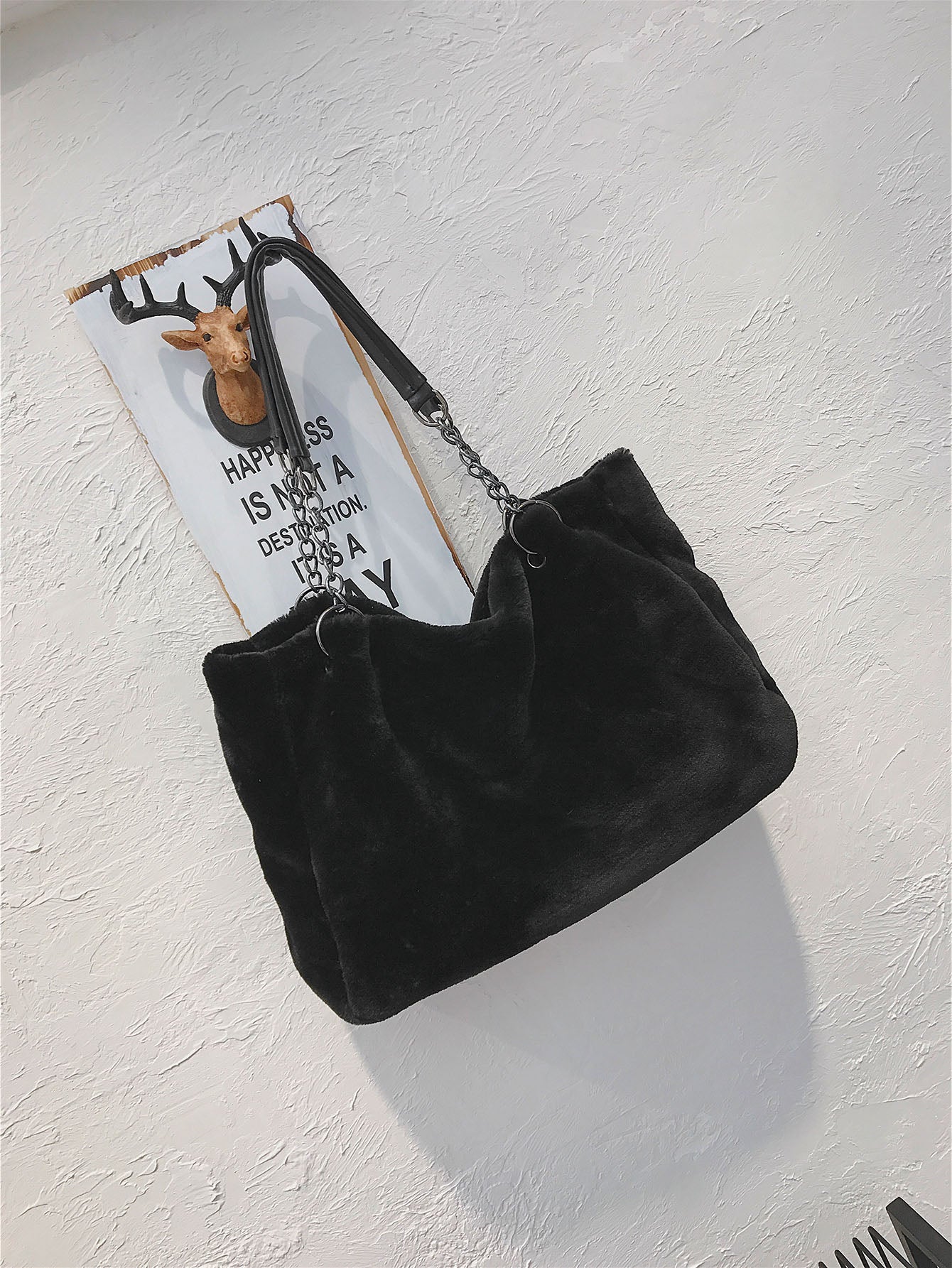 Faux Fur Solid Color Tote Bag-Handbags-[Adult]-[Female]-Black-One Size-2022 Online Blue Zone Planet