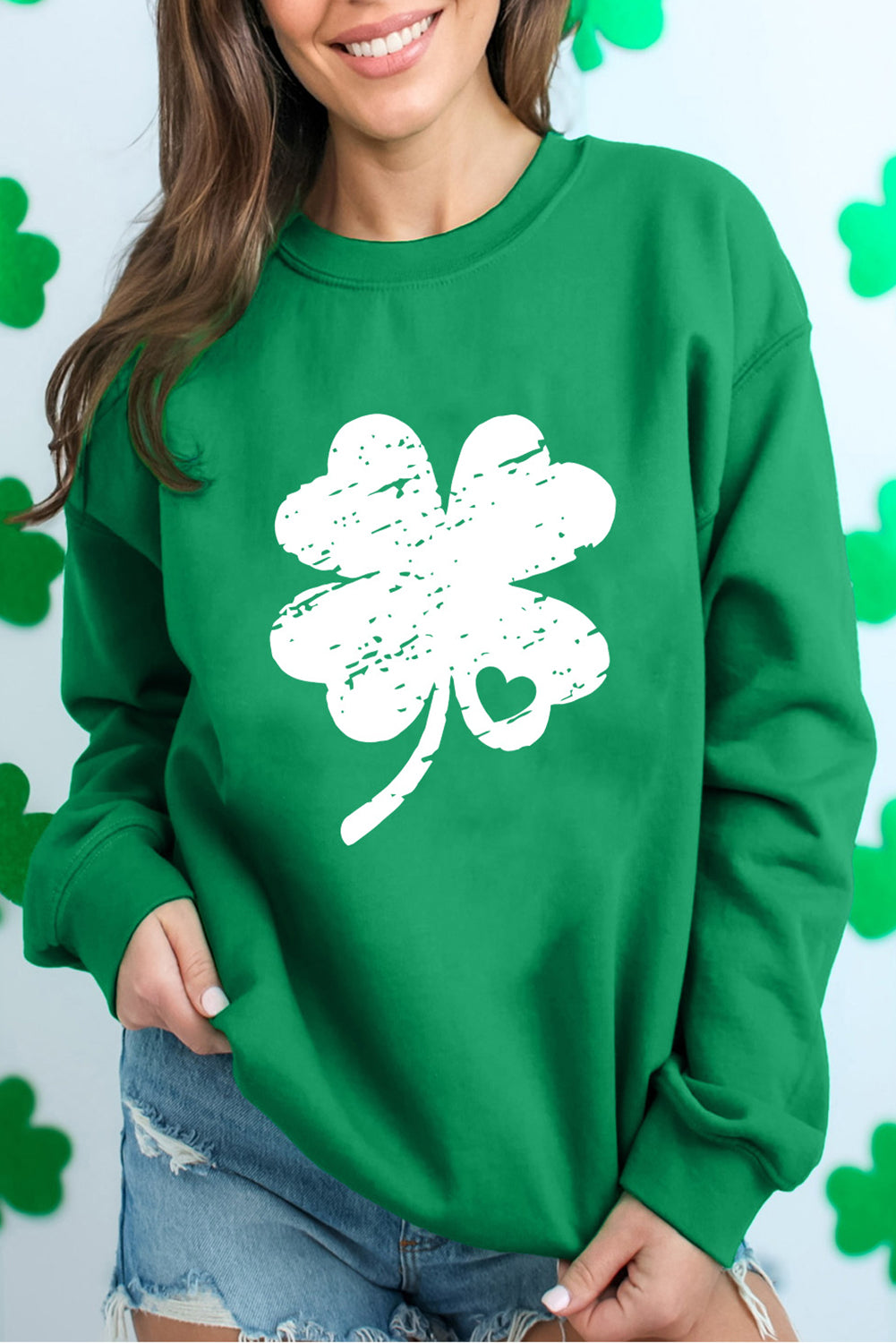 Dark Green St. Patricks Lucky Clover Graphic Sweatshirt-Graphic/Graphic Sweatshirts-[Adult]-[Female]-2022 Online Blue Zone Planet