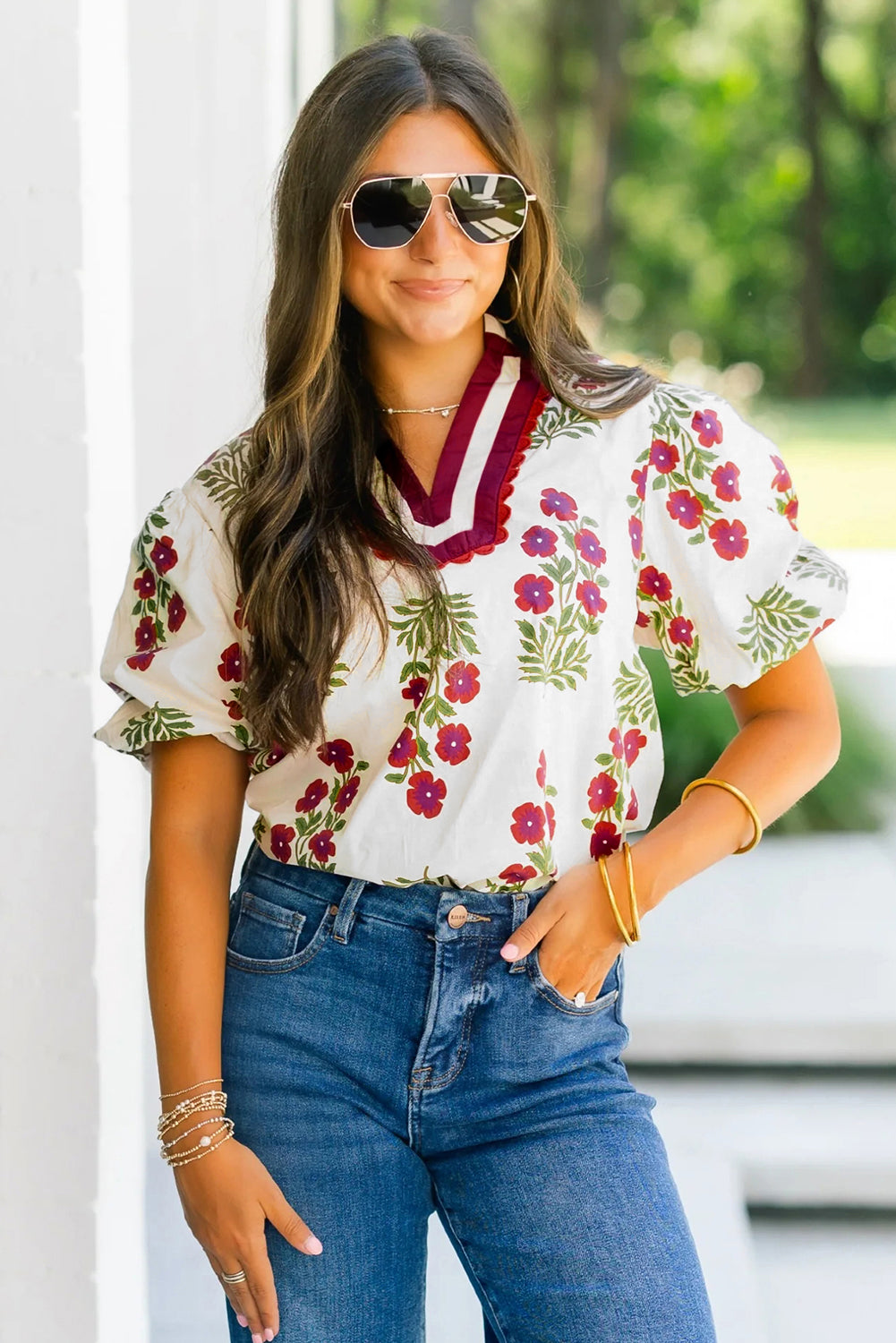 White Floral Short Bubble Sleeve Contrast Slit Neckline Blouse-Tops/Blouses & Shirts-[Adult]-[Female]-2022 Online Blue Zone Planet