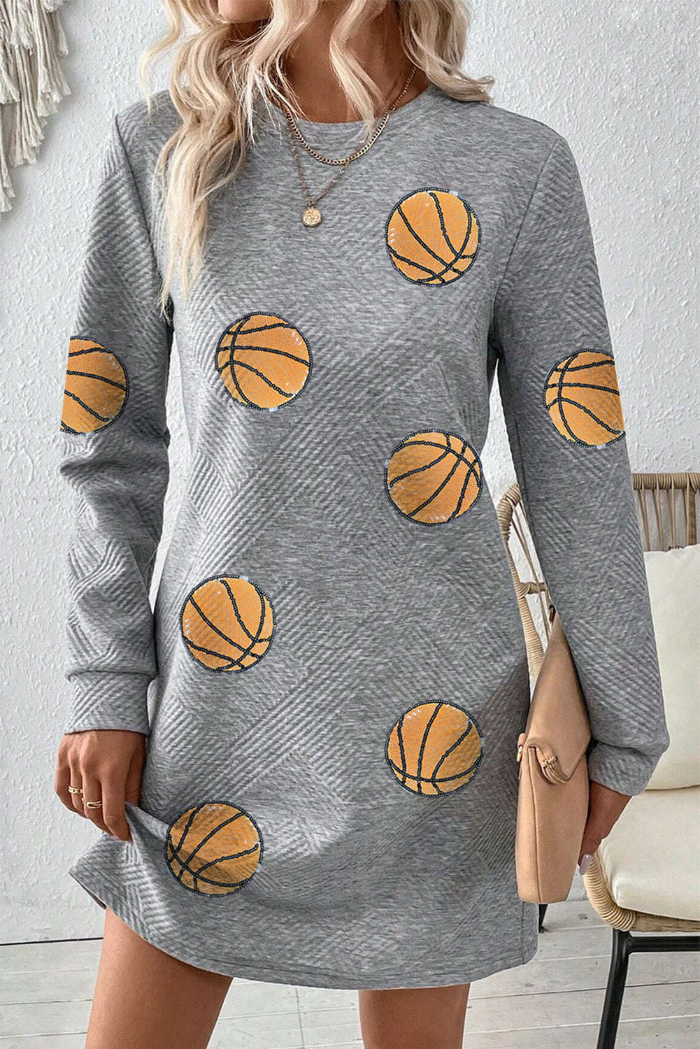 Gray Sequin Basketball Patched Textured Crewneck Shift Mini Dress-Graphic Apparel-[Adult]-[Female]-2022 Online Blue Zone Planet