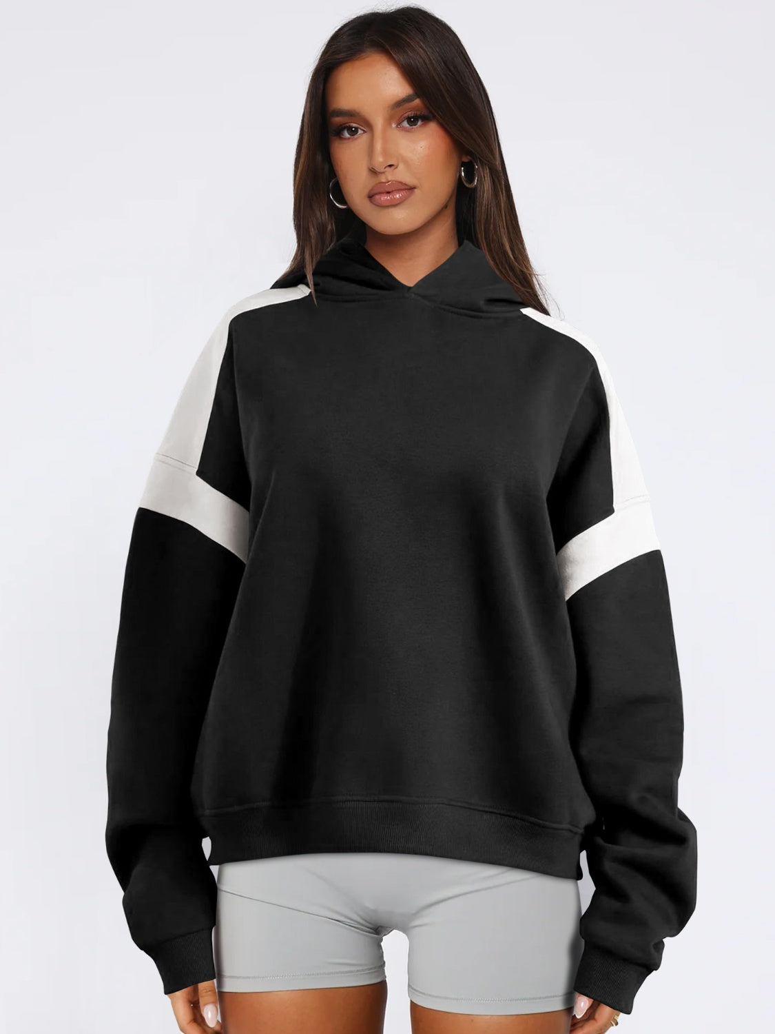 Contrast Dropped Shoulder Long Sleeve Hoodie-TOPS / DRESSES-[Adult]-[Female]-Black-S-2022 Online Blue Zone Planet