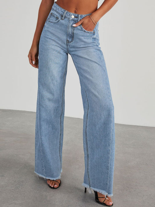 Raw Hem Wide Leg Jeans with Pockets-TOPS / DRESSES-[Adult]-[Female]-Light-S-2022 Online Blue Zone Planet