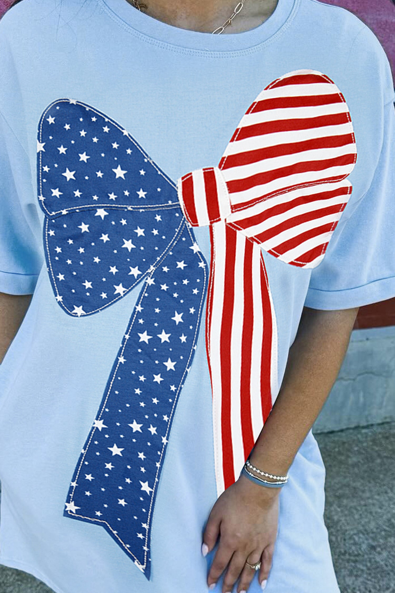 Beau Blue Patriotic Big Bow Stitched T Shift Mini Dress-TOPS / DRESSES-[Adult]-[Female]-2022 Online Blue Zone Planet