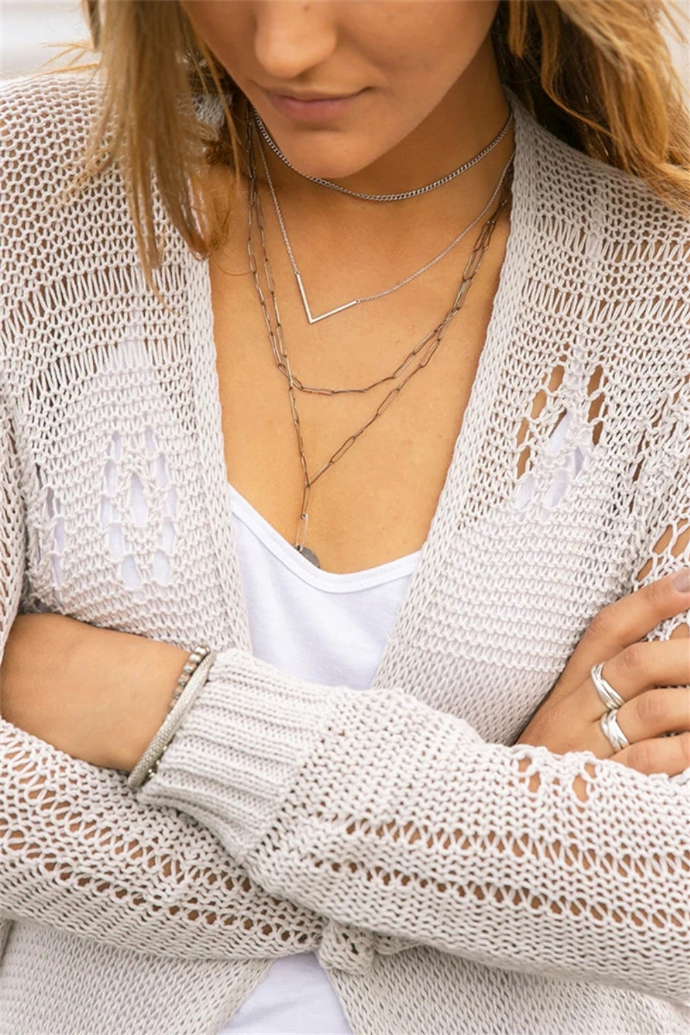Openwork Side Slit Open Front Long Sleeve Cardigan-TOPS / DRESSES-[Adult]-[Female]-2022 Online Blue Zone Planet