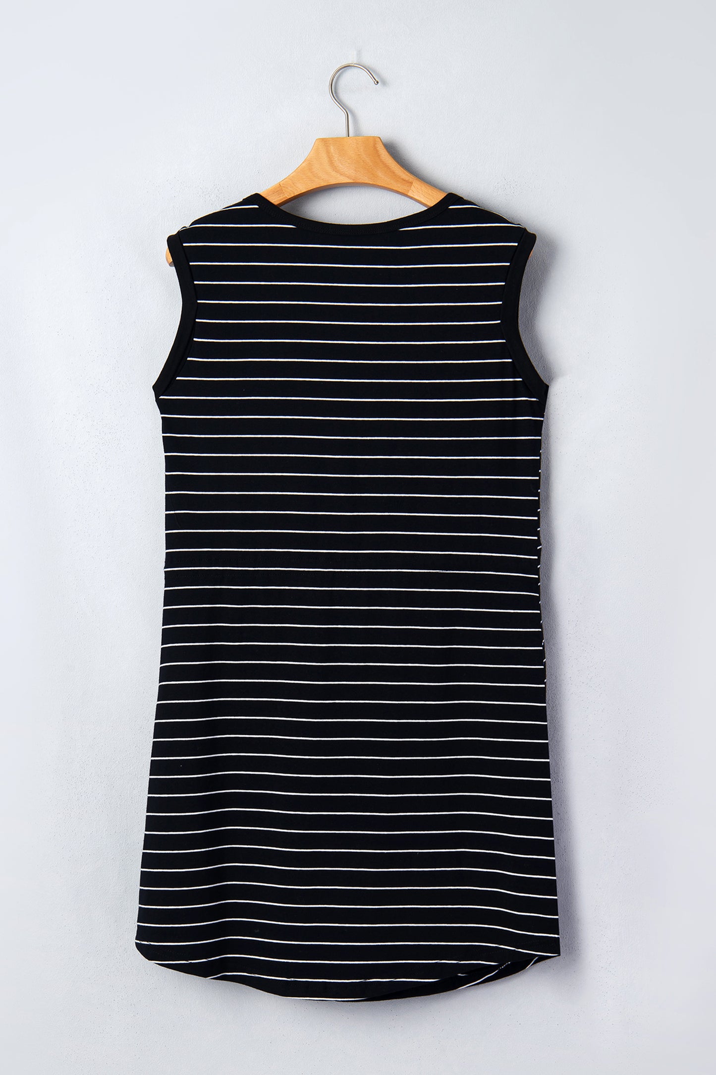 Black Stripe Drawstring Tunic Tank Mini Dress with Pockets