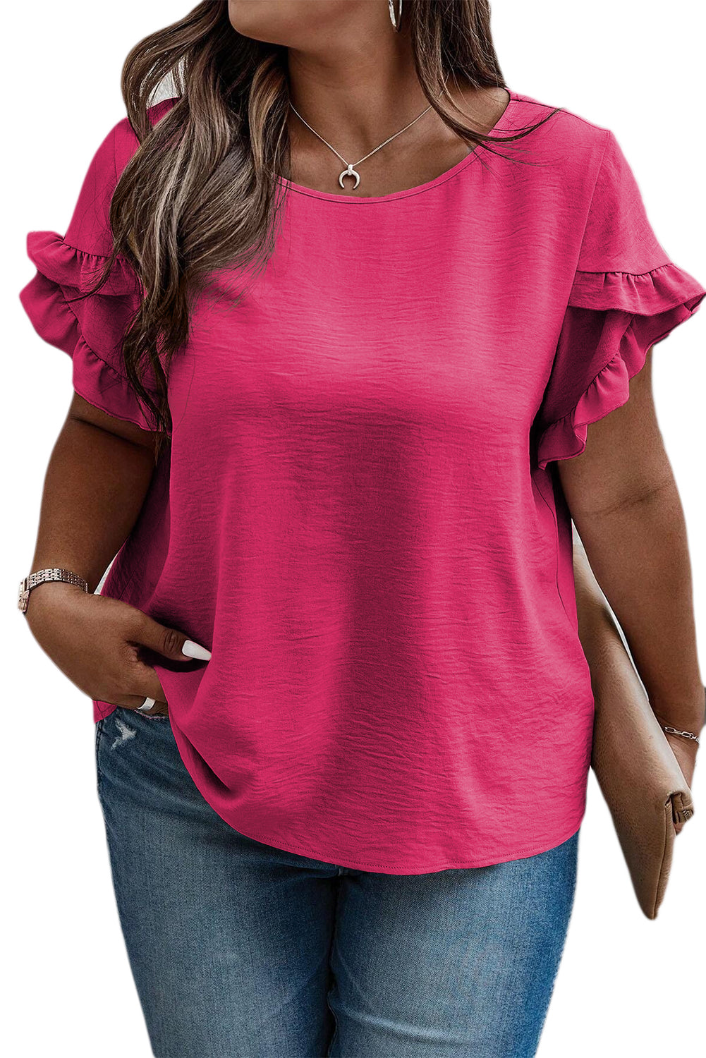 Blue Zone Planet | Bright Pink Ruffled Short Sleeve Plus Size Top-TOPS / DRESSES-[Adult]-[Female]-2022 Online Blue Zone Planet