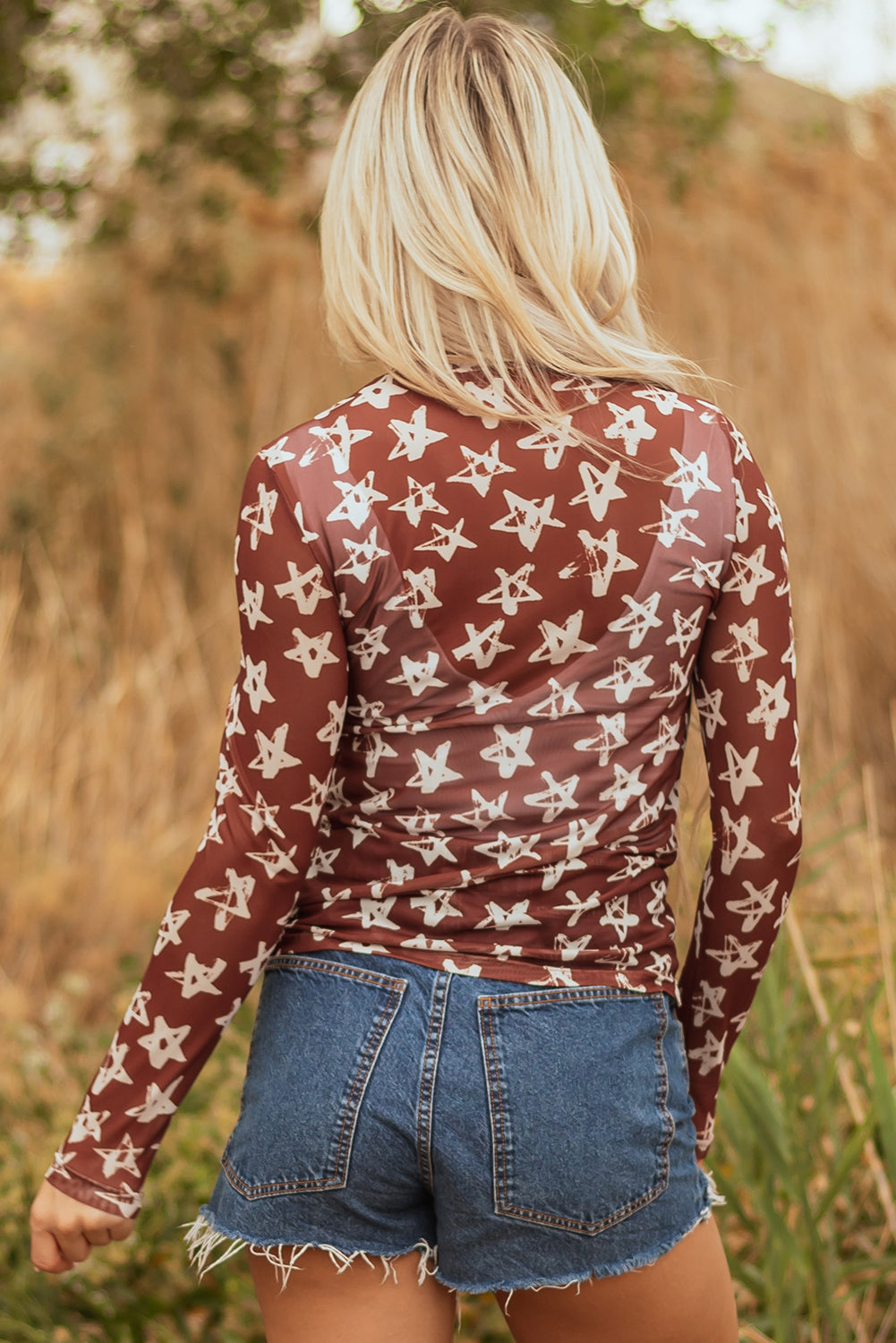 Red Mesh Star Print Mock Neck Sheath Long Sleeve Top-Tops/Long Sleeve Tops-[Adult]-[Female]-2022 Online Blue Zone Planet