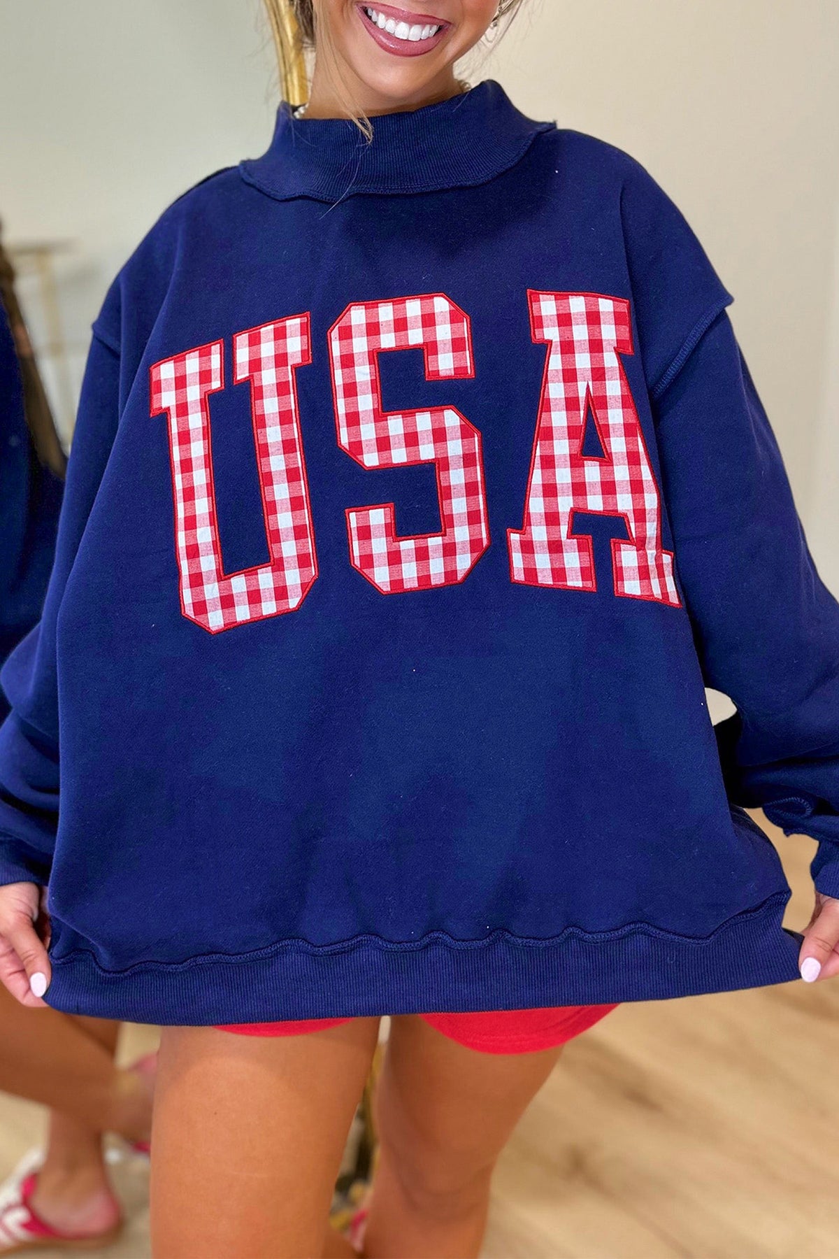 Navy Blue USA Gingham Slogan Exposed Seam Mock Neck Baggy Pullover Sweatshirt-Tops/Sweatshirts & Hoodies-[Adult]-[Female]-Navy Blue-S-2022 Online Blue Zone Planet