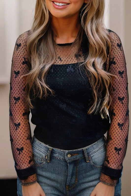 Bow Round Neck Sheer Top-TOPS / DRESSES-[Adult]-[Female]-Black-S-2022 Online Blue Zone Planet