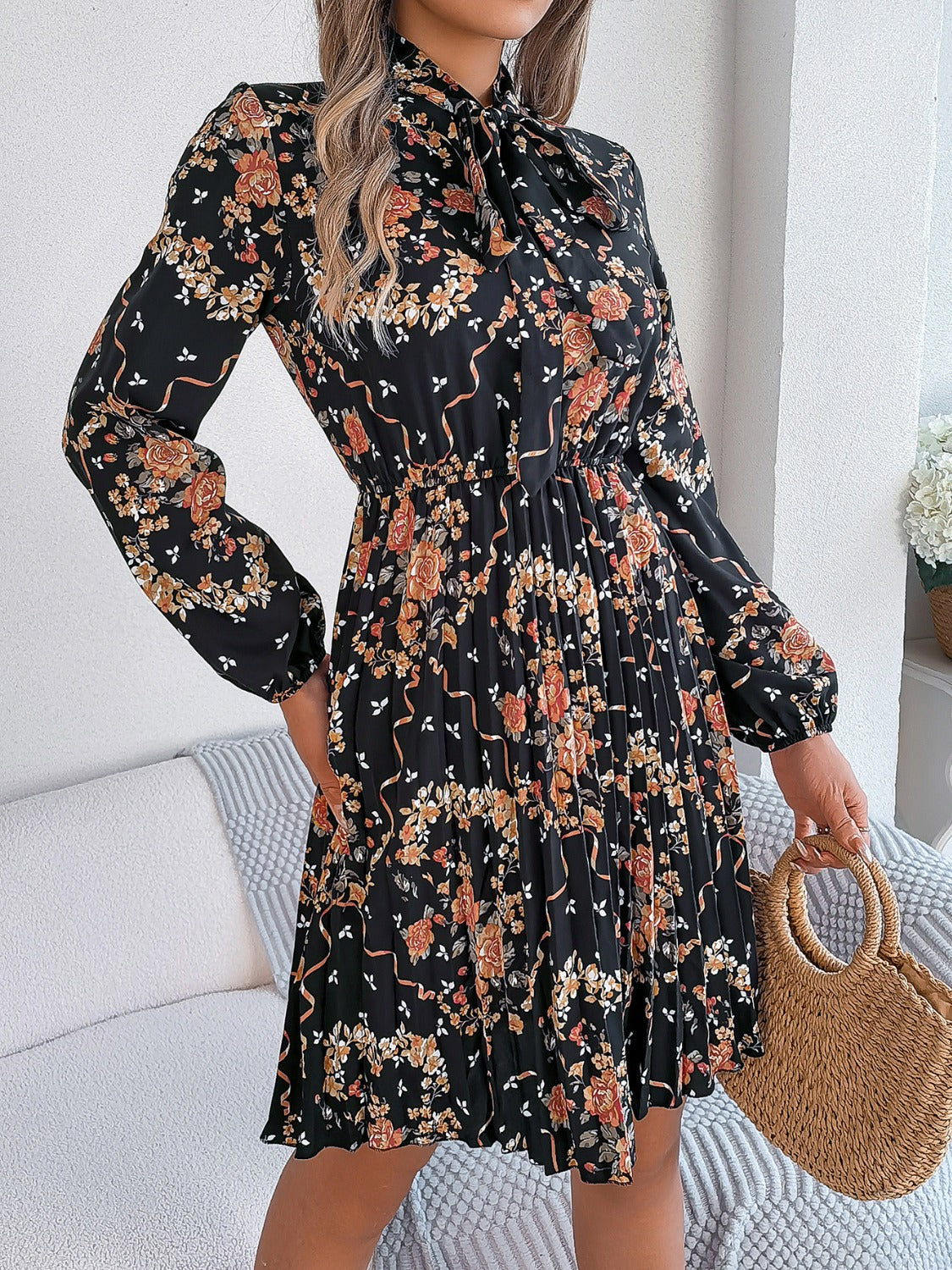 Pleated Printed Tie Neck Long Sleeve Dress-TOPS / DRESSES-[Adult]-[Female]-2022 Online Blue Zone Planet