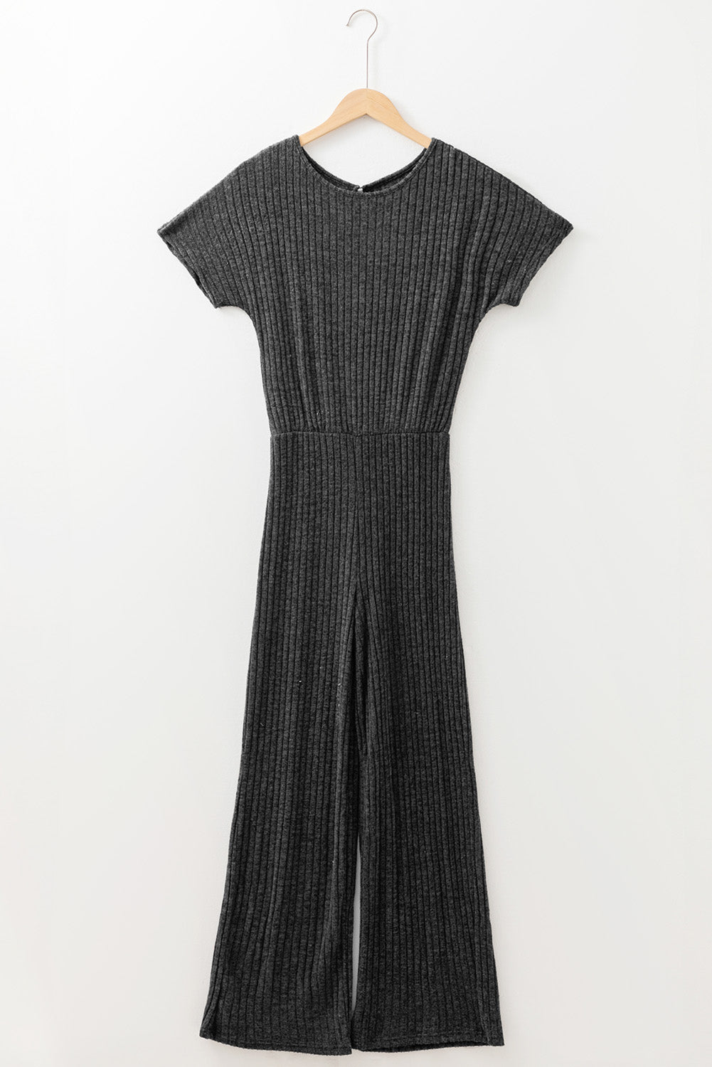 Dark Grey Ribbed Keyhole Short Sleeve Wide Leg Jumpsuit-Bottoms/Jumpsuits & Rompers-[Adult]-[Female]-2022 Online Blue Zone Planet